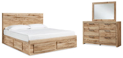 Hyanna King Panel Storage Bed with 2 Side Storage, Dresser and Mirror
