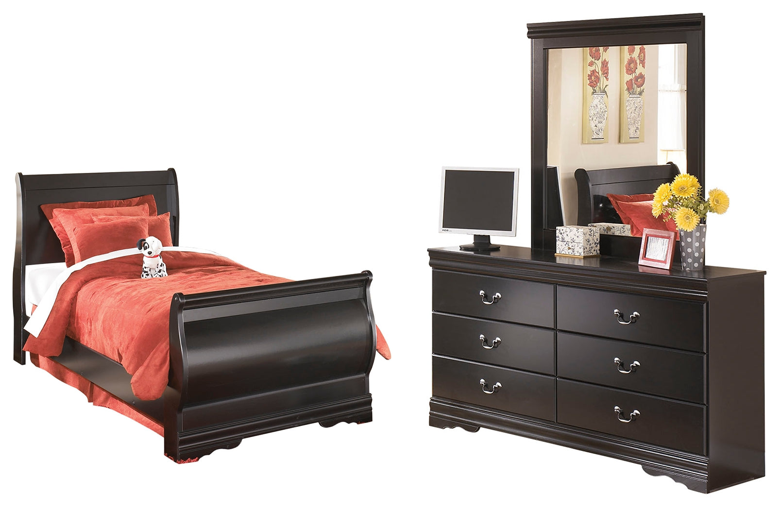 Hoover Furniture Outlet - Ashley Furniture - Huey Vineyard Twin Sleigh Bed with Dresser and Mirror - Twin Sleigh Bed with Dresser and Mirror - B128B7