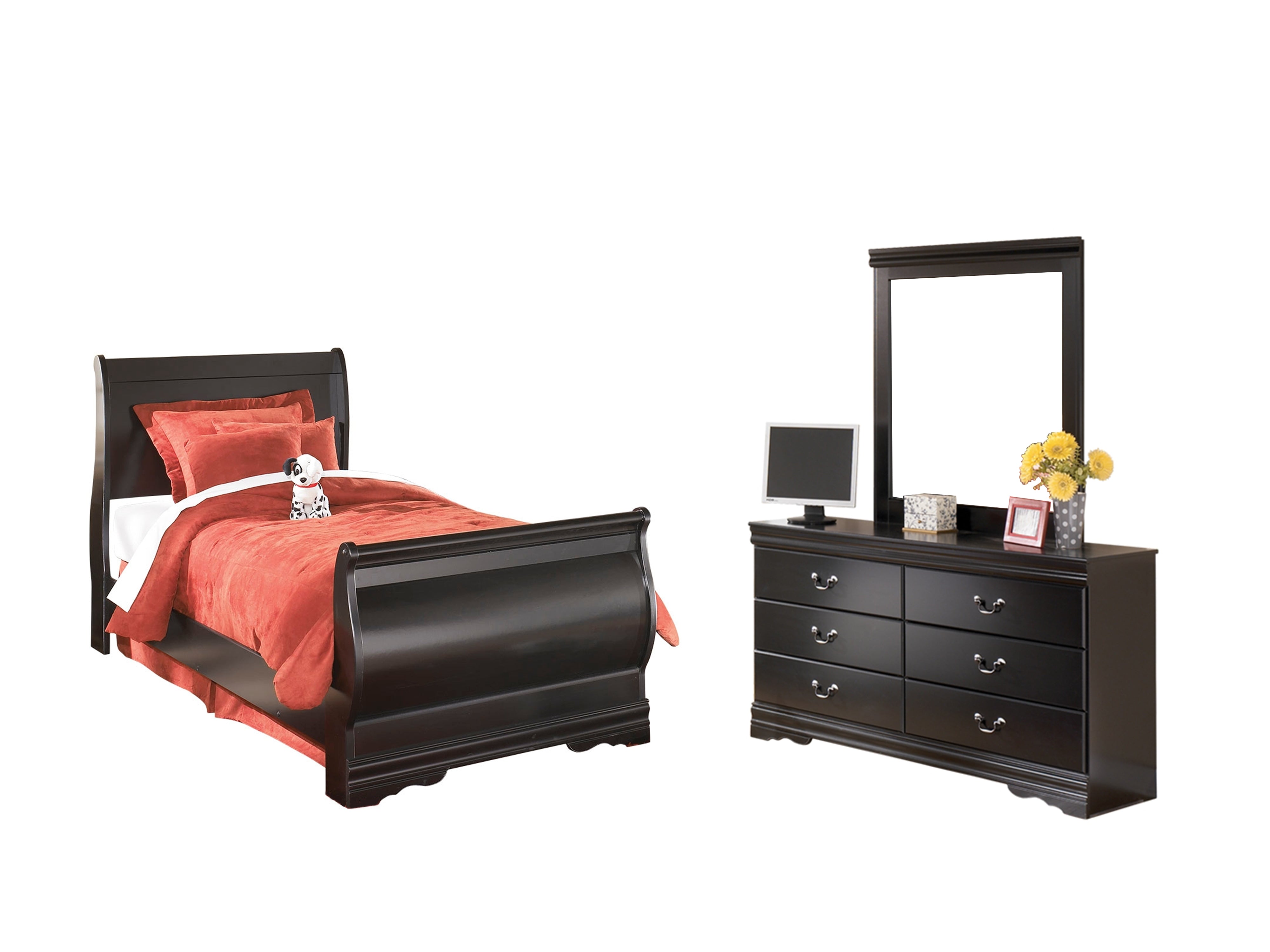 Hoover Furniture Outlet - Ashley Furniture - Huey Vineyard Twin Sleigh Bed with Mirroed Dresser and Nightstand - Twin Sleigh Bed with Mirroed Dresser and Nightstand - B128B13