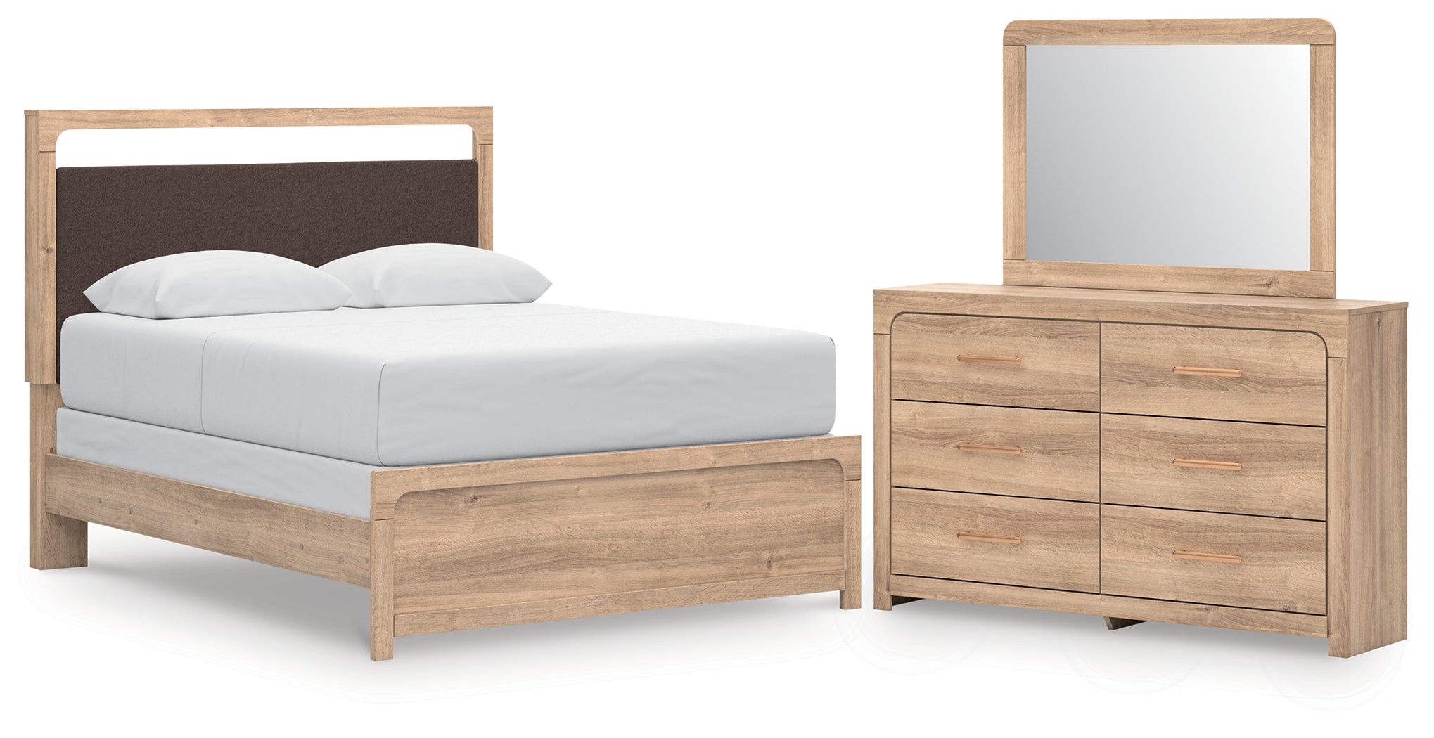 Hoover Furniture Outlet - Ashley Furniture - Kinlanni Queen Upholstered Panel Bed, Dresser and Mirror - Queen Upholstered Panel Bed, Dresser and Mirror - PCB1360B7