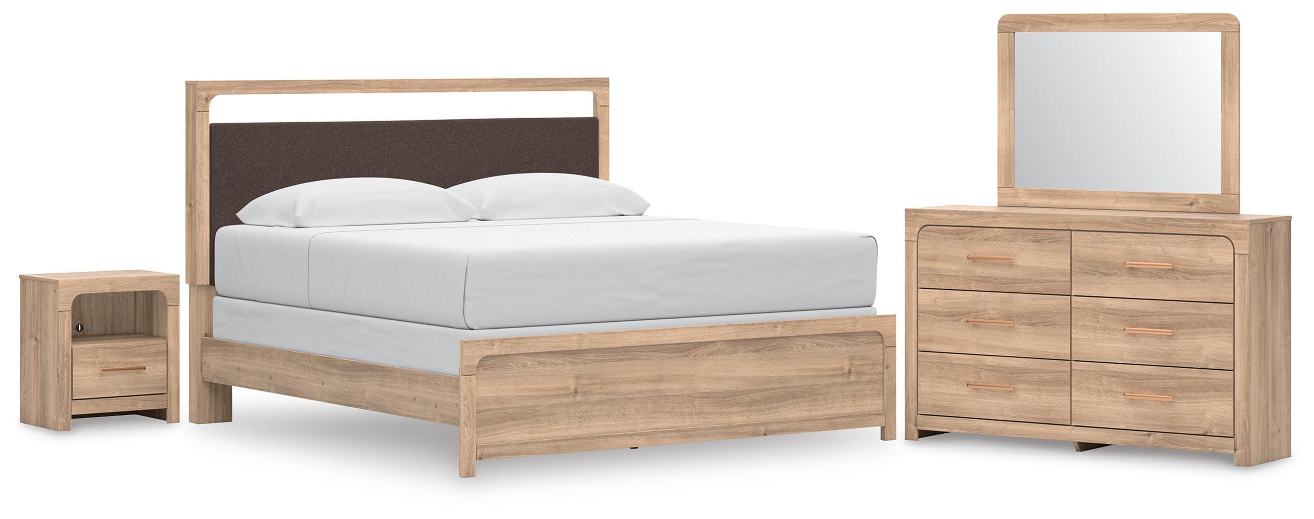 Hoover Furniture Outlet - Ashley Furniture - Kinlanni King Upholstered Panel Bed, Dresser, Mirror and Nightstand - King Upholstered Panel Bed, Dresser, Mirror and Nightstand - B1360B18