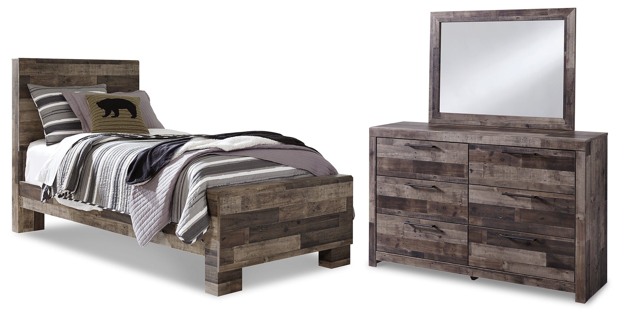 Hoover Furniture Outlet - Ashley Furniture - Derekson Twin Panel Bed, Dresser and Mirror - Twin Panel Bed, Dresser and Mirror - B200B3
