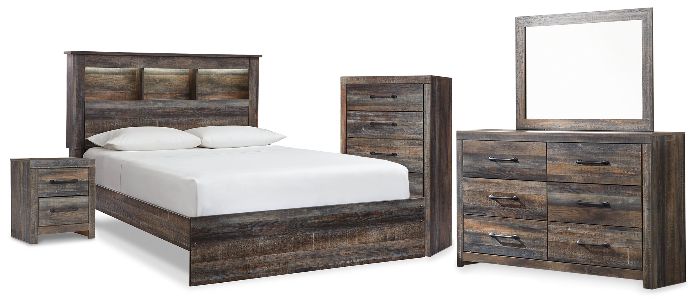 Hoover Furniture Outlet - Ashley Furniture - Drystan Queen Bookcase Panel Bed, Dresser, Mirror Chest and Nightstand - Queen Bookcase Panel Bed, Dresser, Mirror Chest and Nightstand - B211B111