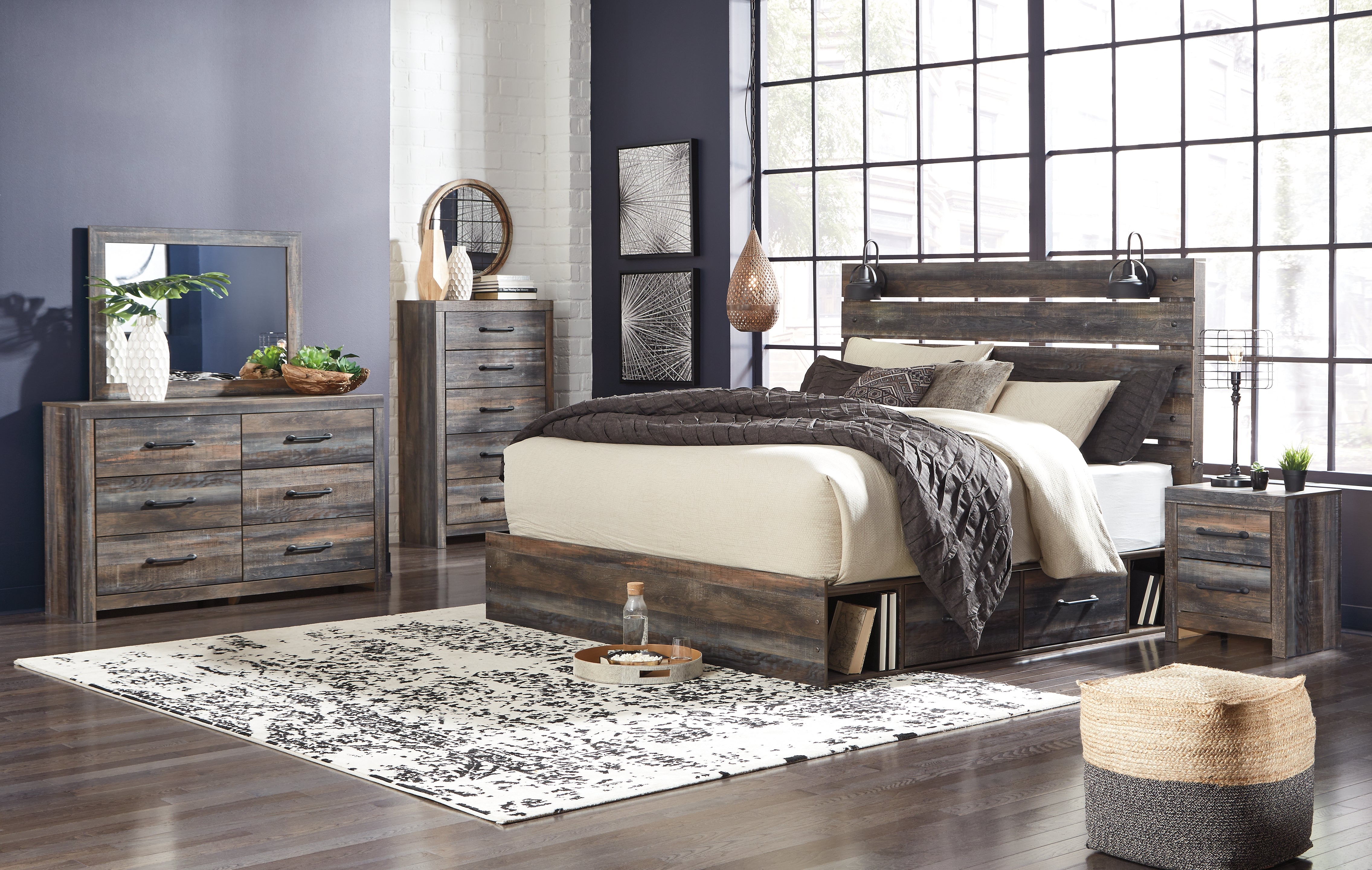 Hoover Furniture Outlet - Ashley Furniture - Drystan King Panel Bed with Storage, Dresser, Mirror, Chest and 2 Nightstands - King Panel Bed with Storage, Dresser, Mirror, Chest and 2 Nightstands - B211B66