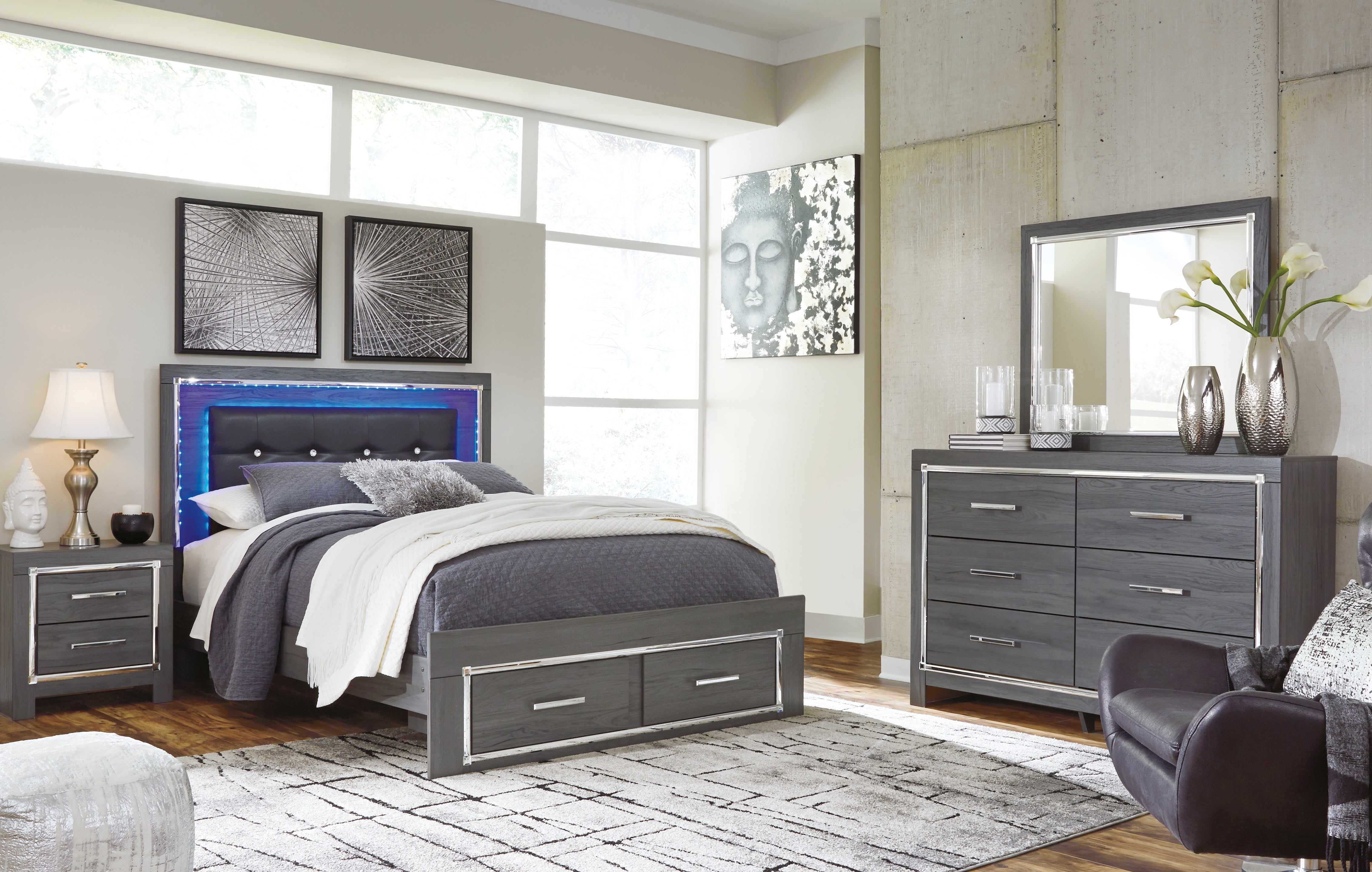 Hoover Furniture Outlet - Ashley Furniture - Lodanna Queen Storage Bed, Dresser, Mirror and 2 Nightstands - Queen Storage Bed, Dresser, Mirror and 2 Nightstands - B214B40