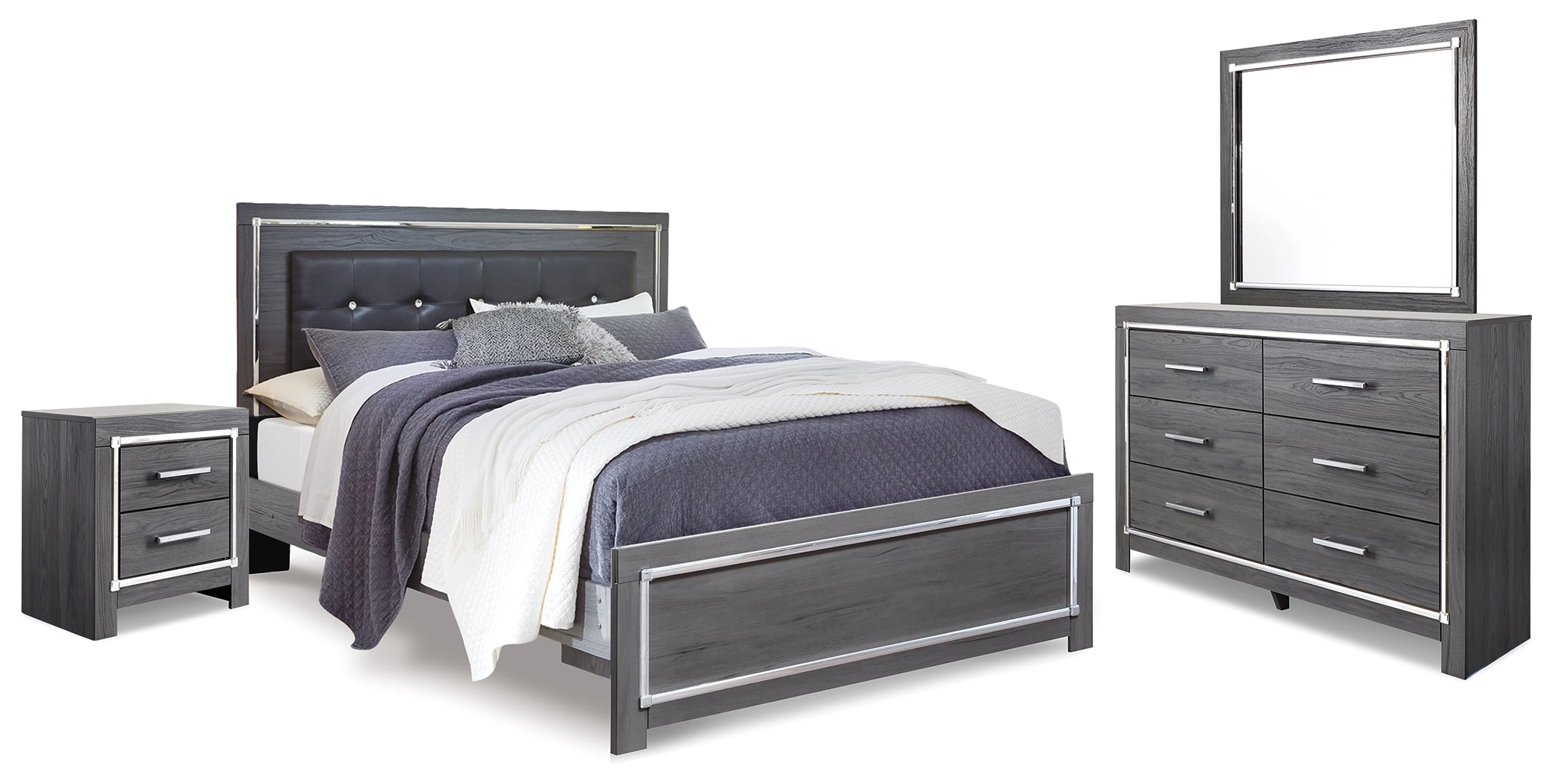 Hoover Furniture Outlet - Ashley Furniture - Lodanna King Upholstered Panel Bed, Dresser, Mirror and Nightstand - King Upholstered Panel Bed, Dresser, Mirror and Nightstand - B214B19