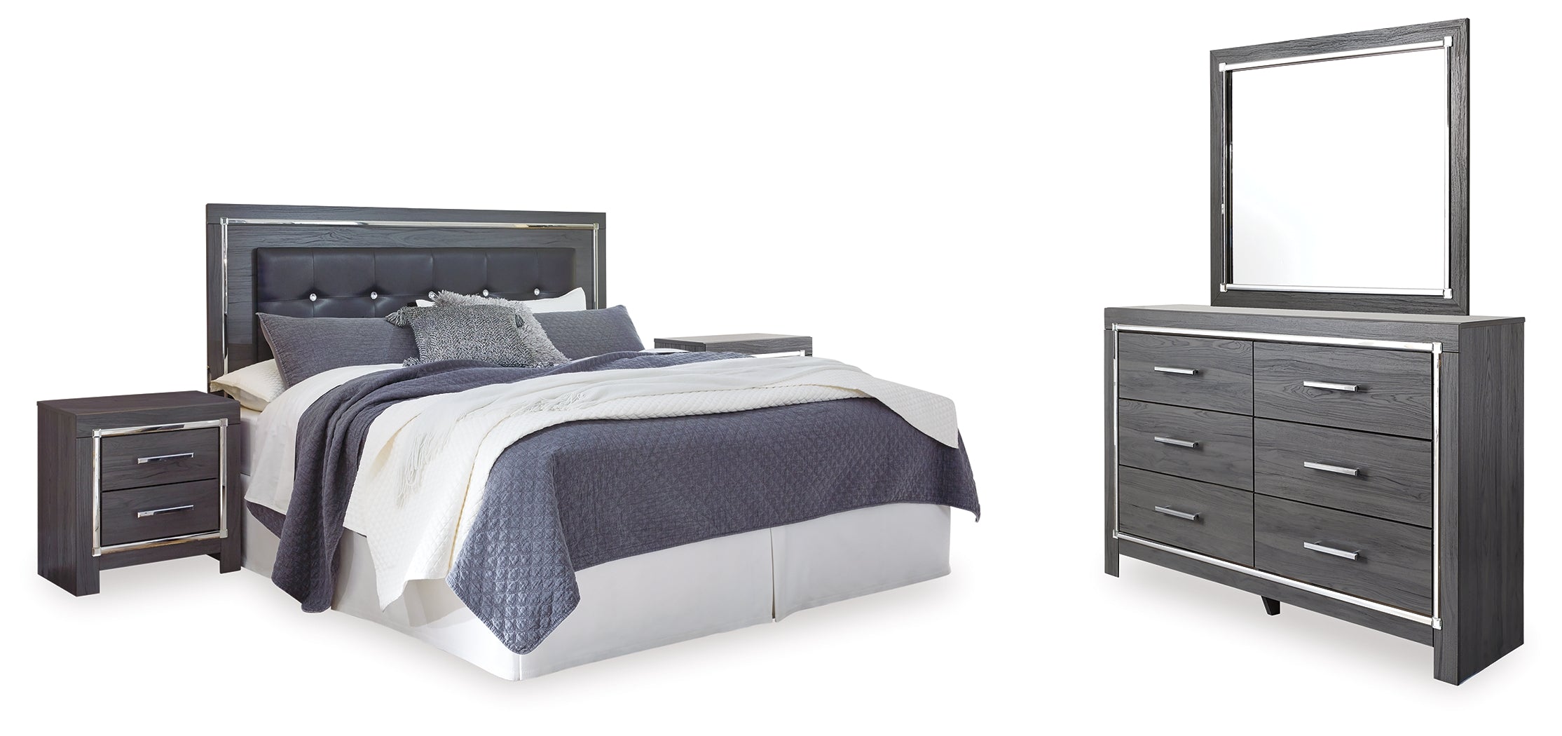 Hoover Furniture Outlet - Ashley Furniture - Lodanna King/Cal King Panel Headboard, Dresser, Mirror and 2 Nightstands - King/Cal King Panel Headboard, Dresser, Mirror and 2 Nightstands / Gray - B214B33