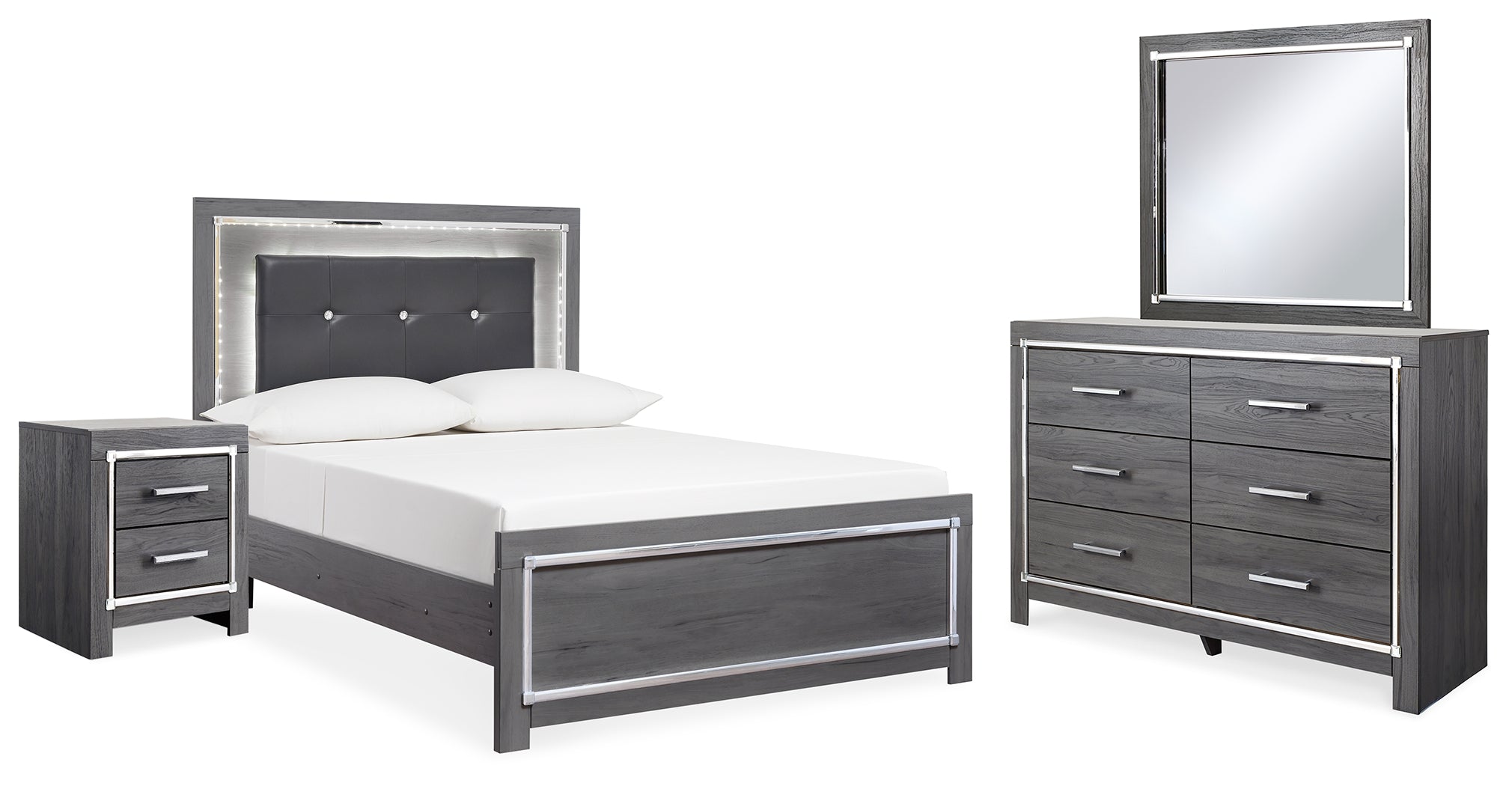 Hoover Furniture Outlet - Ashley Furniture - Lodanna Full Upholstered Panel Bed, Dresser, Mirror, and Nightstand - Full Upholstered Panel Bed, Dresser, Mirror, and Nightstand - B214B22