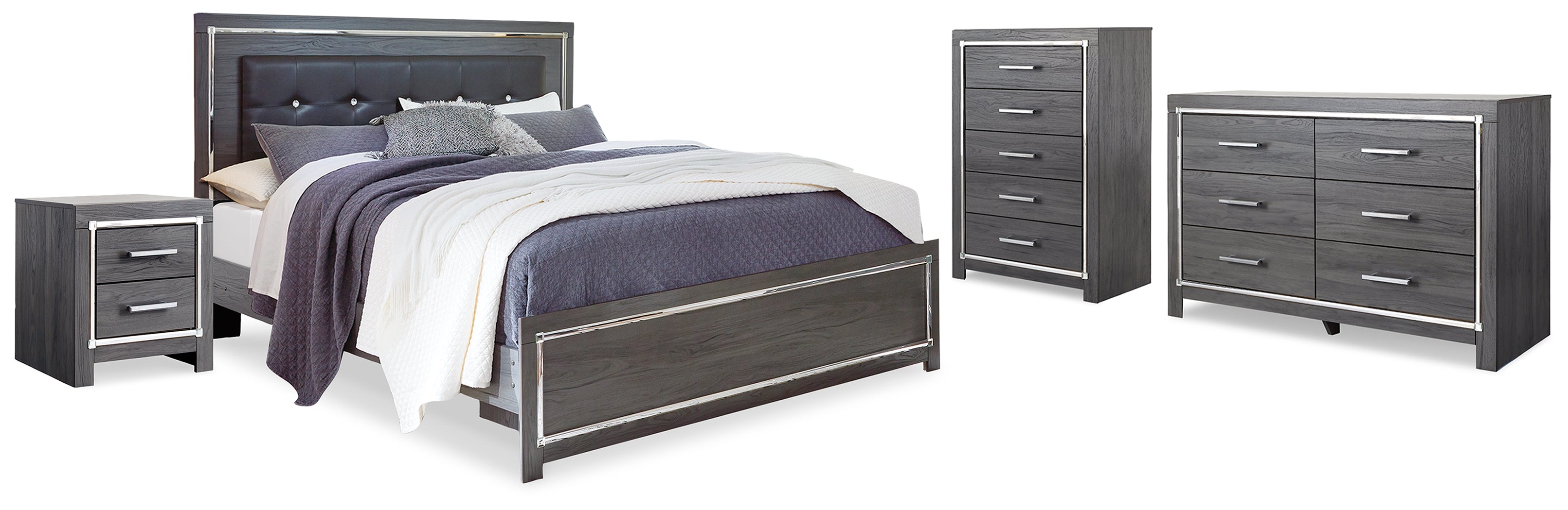Hoover Furniture Outlet - Ashley Furniture - Lodanna King Upholstered Panel Bed, Dresser, Chest and 2 Nightstands - King Upholstered Panel Bed, Dresser, Chest and 2 Nightstands - B214B43