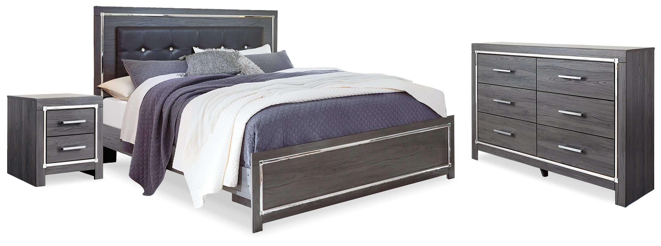 Hoover Furniture Outlet - Ashley Furniture - Lodanna King Upholstered Panel Bed, Dresser and Nightstand - King Upholstered Panel Bed, Dresser and Nightstand - B214B27
