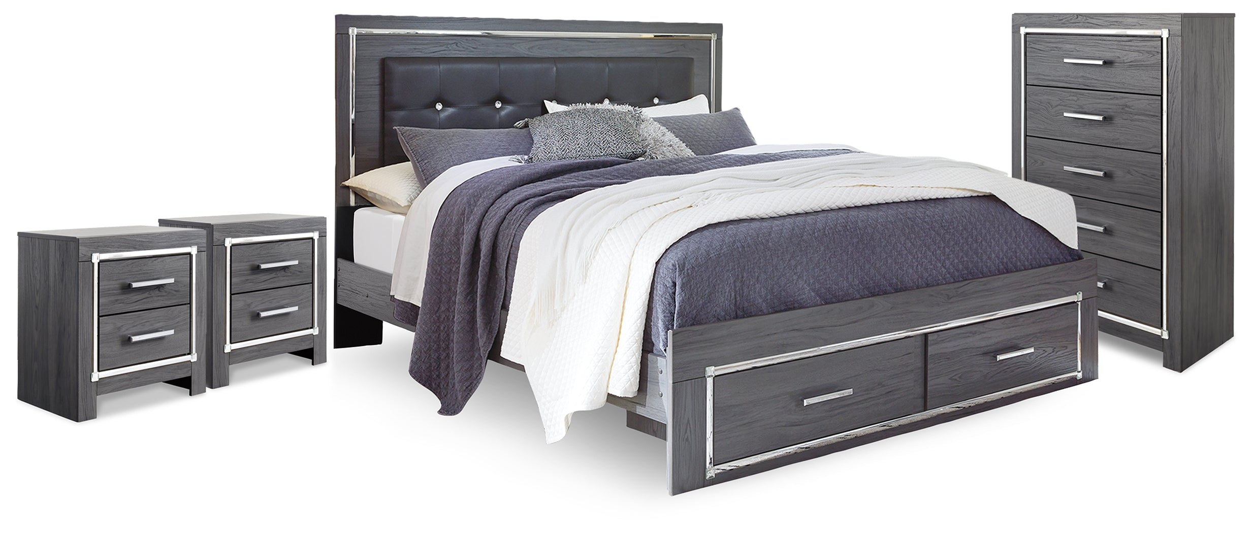 Hoover Furniture Outlet - Ashley Furniture - Lodanna King Panel Storage Bed, Chest and 2 Nightstands - King Panel Storage Bed, Chest and 2 Nightstands - B214B60