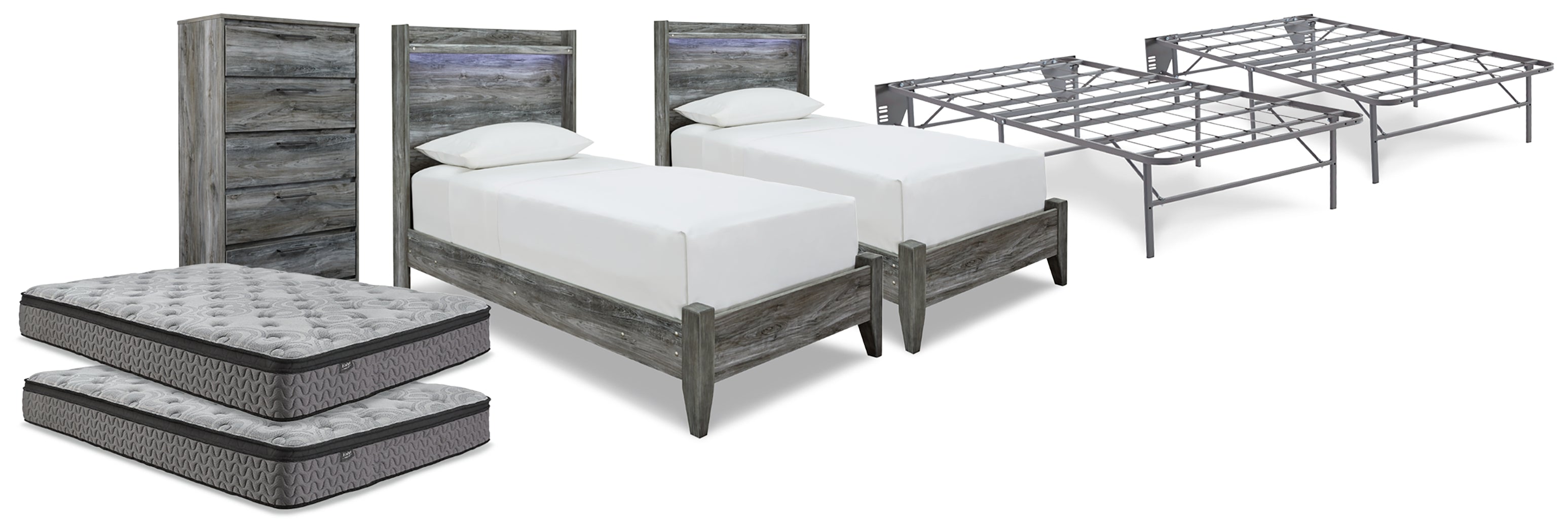Hoover Furniture Outlet - Ashley Furniture - Baystorm 2 Twin Panel Beds, 2 Mattresses, 2 Foundations, and Chest - 2 Twin Panel Beds, 2 Mattresses, 2 Foundations, and Chest - B221B45