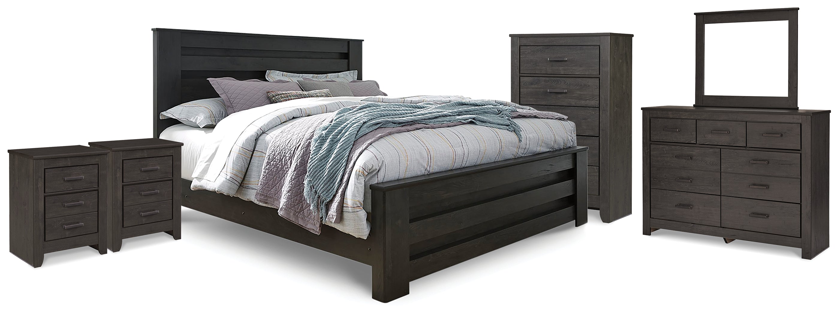 Hoover Furniture Outlet - Ashley Furniture - Brinxton King Panel Bed, Dresser Mirror, Chest and 2 Nightstands - King Panel Bed, Dresser Mirror, Chest and 2 Nightstands - B249B23