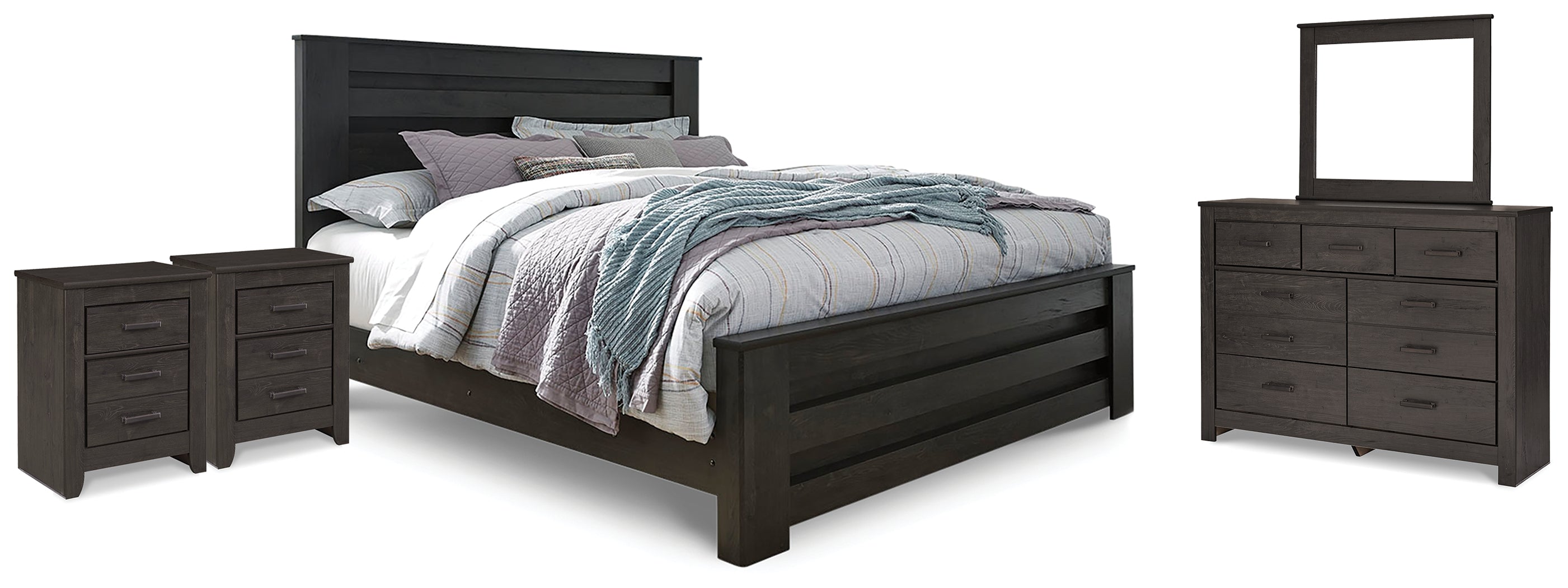 Hoover Furniture Outlet - Ashley Furniture - Brinxton King Panel Bed, Dresser, Mirror and 2 Nightstands - King Panel Bed, Dresser, Mirror and 2 Nightstands - B249B24