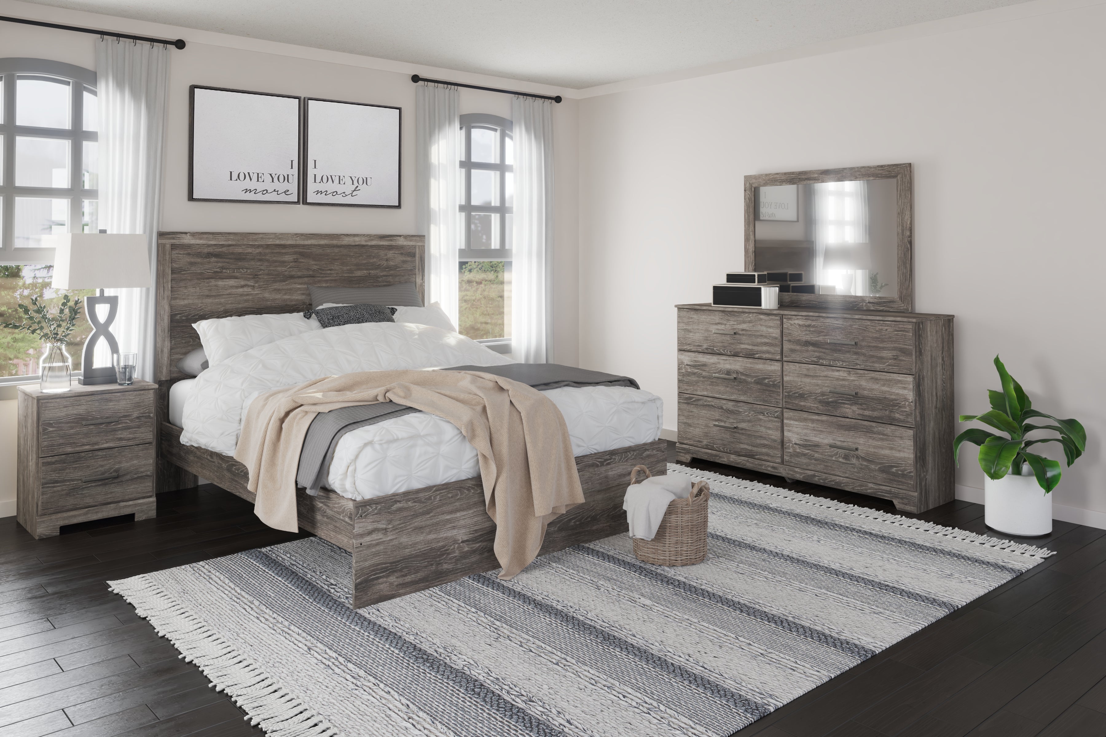 Hoover Furniture Outlet - Ashley Furniture - Ralinksi Queen Panel Bed, Dresser, Mirror, and Nightstand - Queen Panel Bed, Dresser, Mirror, and Nightstand - B2587B7