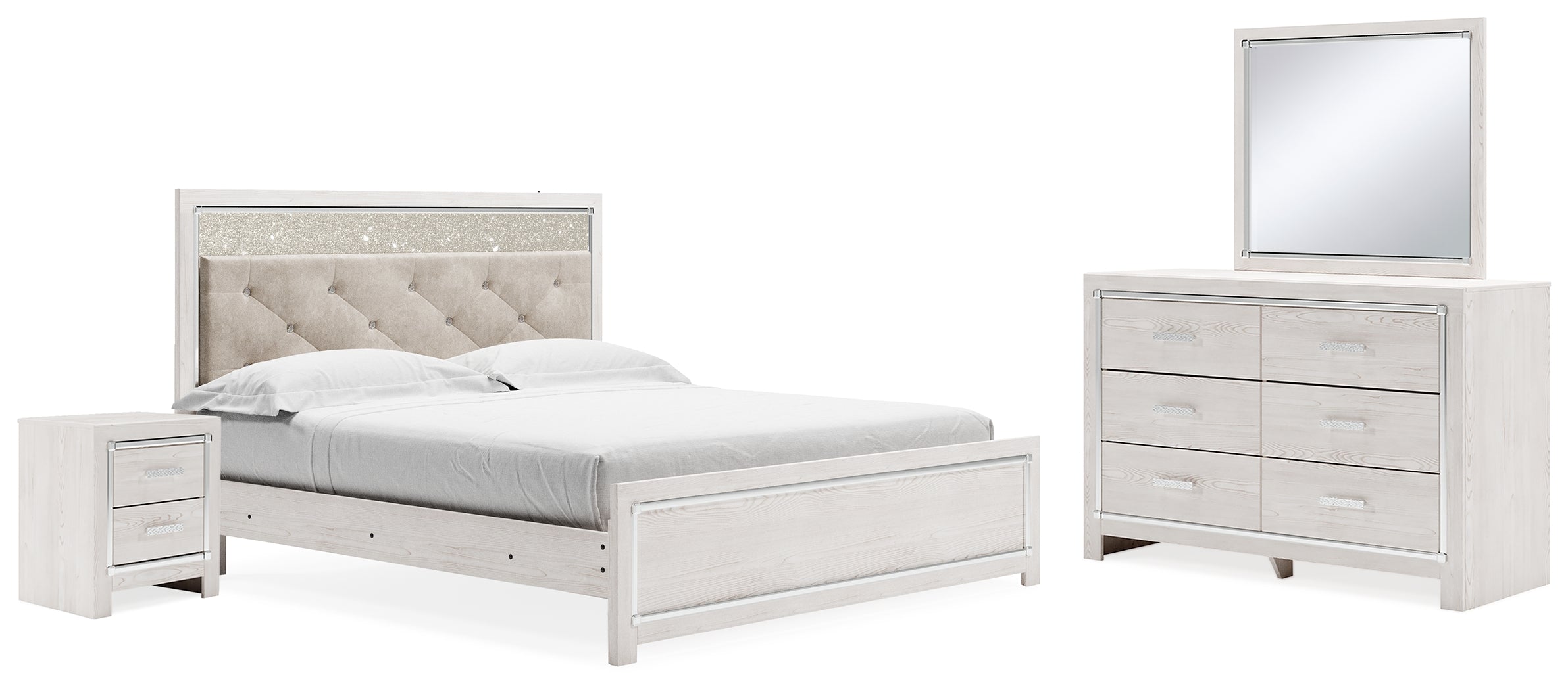 Hoover Furniture Outlet - Ashley Furniture - Altyra King Upholstered Panel Bed, Dresser, Mirror, and Nightstand - King Upholstered Panel Bed, Dresser, Mirror, and Nightstand - B2640B34