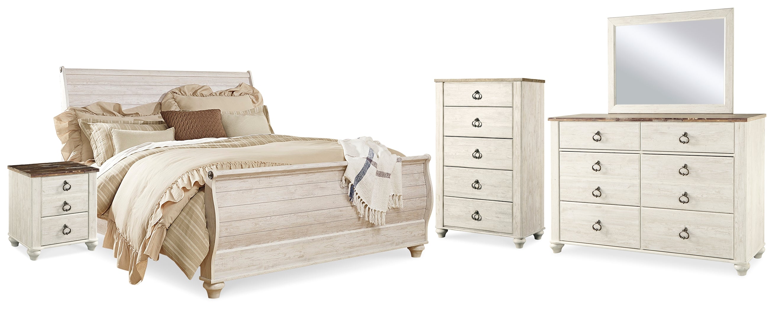 Hoover Furniture Outlet - Ashley Furniture - Willowton King Sleigh Bed, Dresser, Mirror, Chest and 2 Nightstands - King Sleigh Bed, Dresser, Mirror, Chest and 2 Nightstands - B267B44