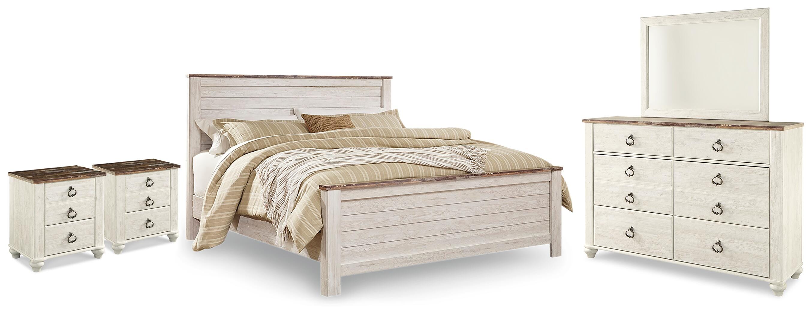 Hoover Furniture Outlet - Ashley Furniture - Willowton King Panel Bed, Dresser, Mirror and 2 Nightstands - King Panel Bed, Dresser, Mirror and 2 Nightstands - B267B75