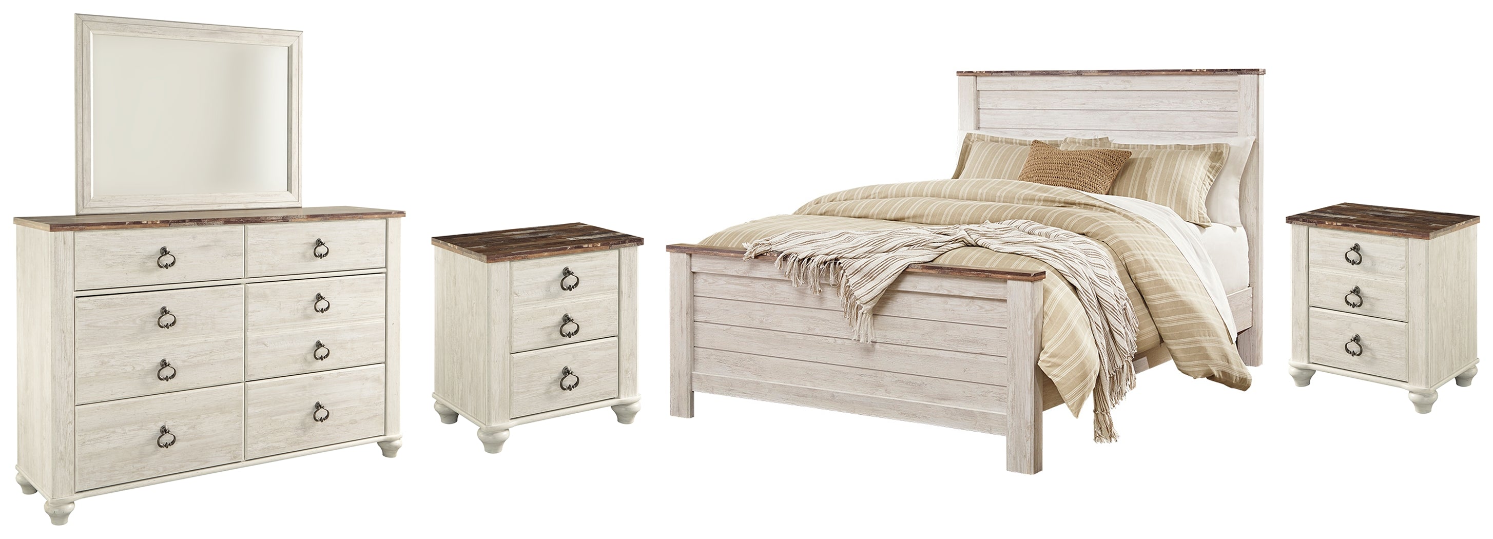 Hoover Furniture Outlet - Ashley Furniture - Willowton Queen Panel Bed, Dresser, Mirror and 2 Nightstands - Queen Panel Bed, Dresser, Mirror and 2 Nightstands - B267B35