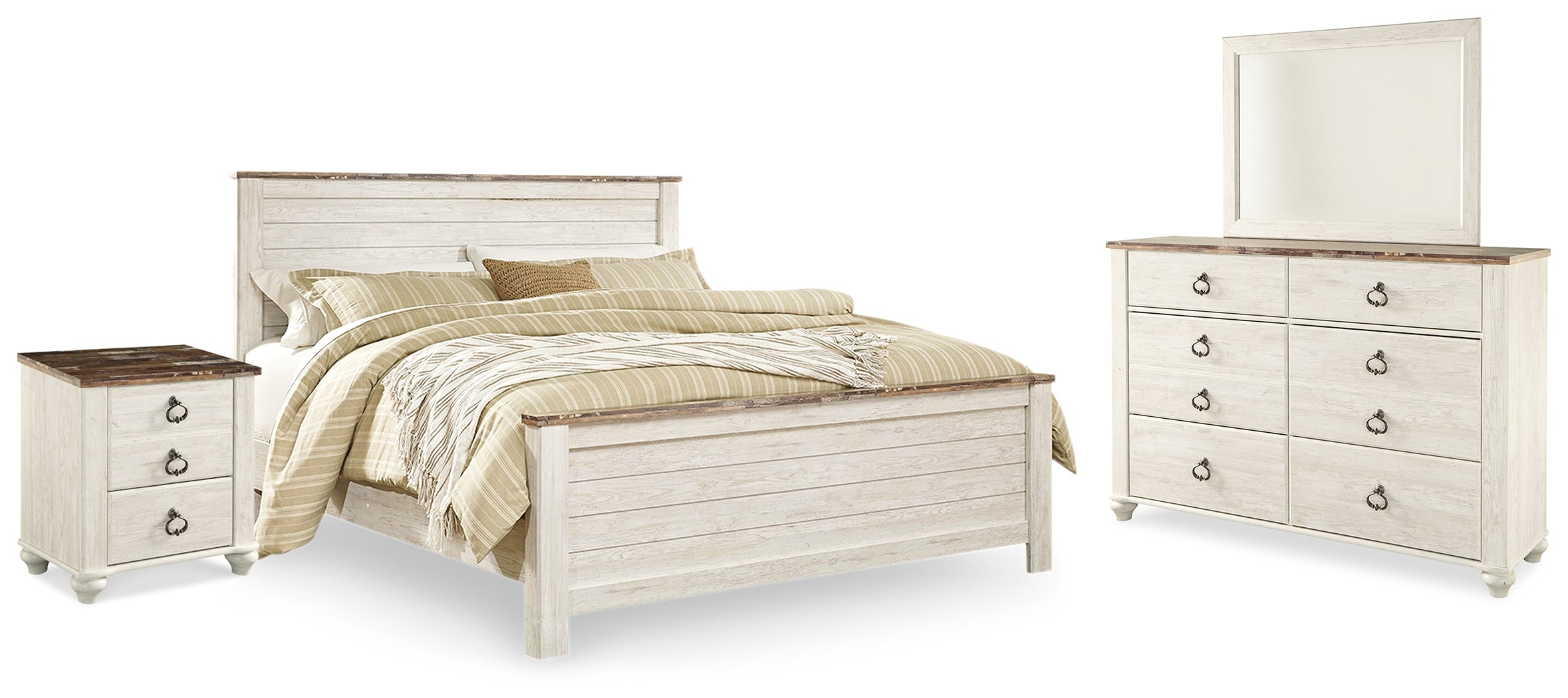 Hoover Furniture Outlet - Ashley Furniture - Willowton King Panel Bed, Dresser, Mirror, and Nightstand - King Panel Bed, Dresser, Mirror, and Nightstand - B267B38