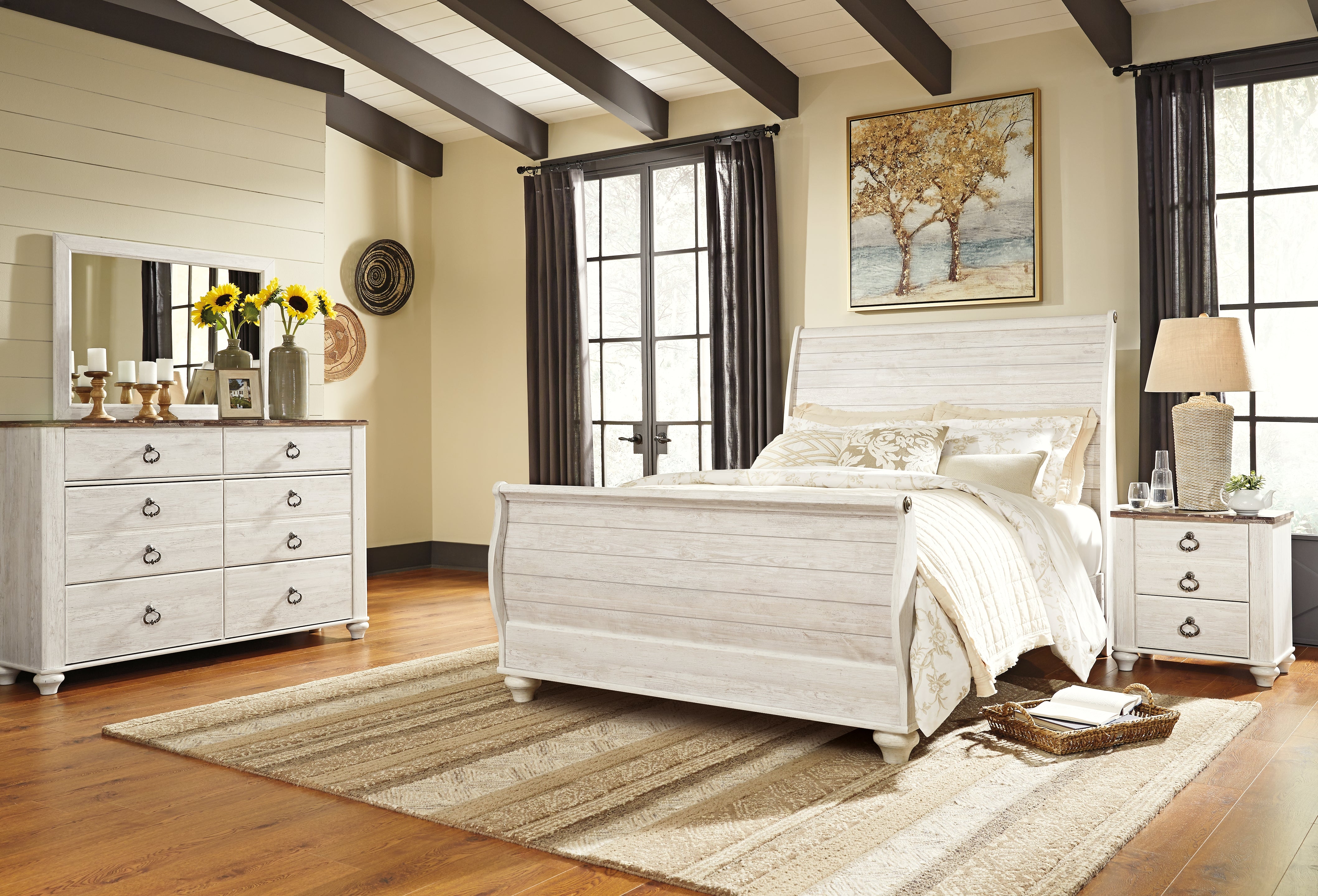 Hoover Furniture Outlet - Ashley Furniture - Willowton Queen Sleigh Bed with Mirrored Dresser and Nightstand - Queen Sleigh Bed with Mirrored Dresser and Nightstand / Whitewash - B267B32