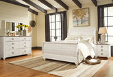 Hoover Furniture Outlet - Ashley Furniture - Willowton Queen Sleigh Bed with Mirrored Dresser and Nightstand - Queen Sleigh Bed with Mirrored Dresser and Nightstand / Whitewash - B267B32