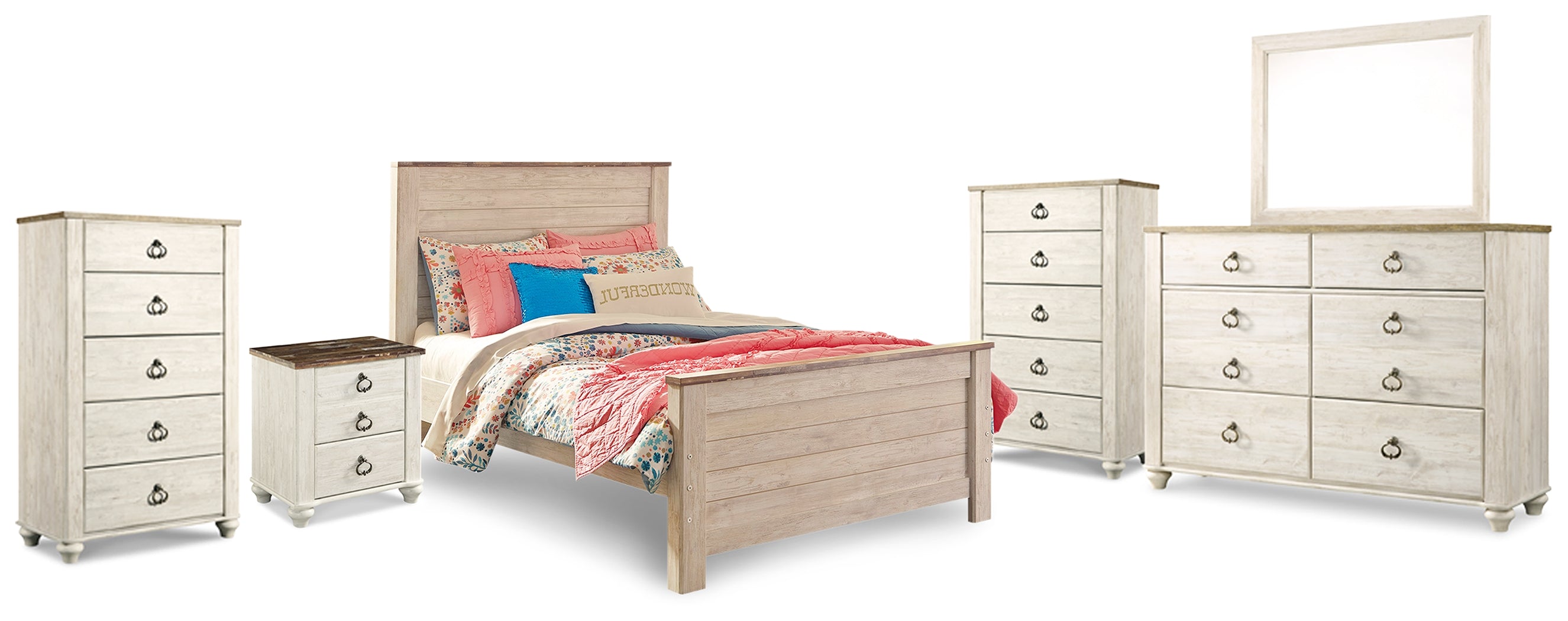 Hoover Furniture Outlet - Ashley Furniture - Willowton Full Panel Bed, Dresser, Mirror, 2 Chests and nightstand - Full Panel Bed, Dresser, Mirror, 2 Chests and nightstand - B267B40