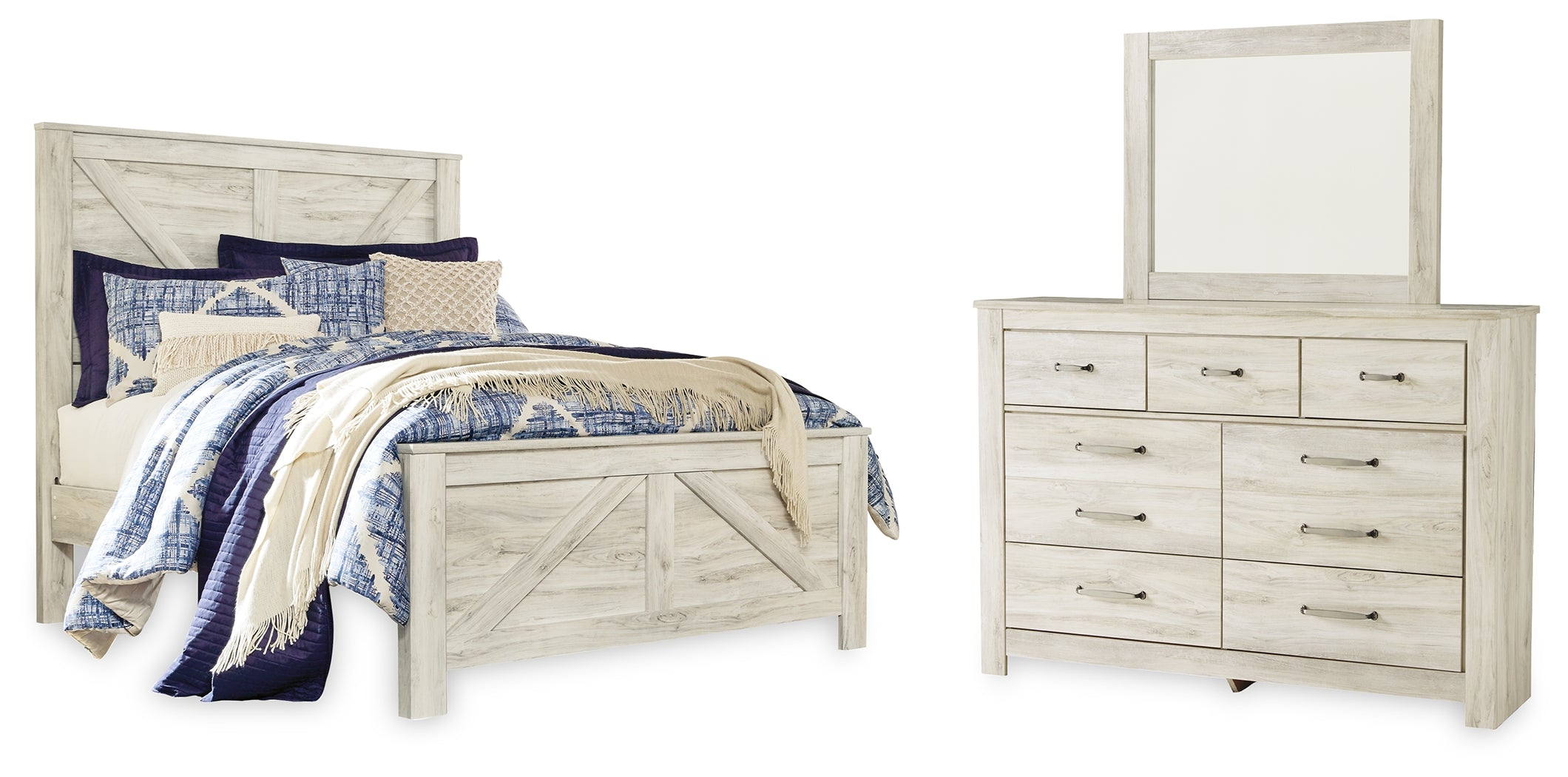 Hoover Furniture Outlet - Ashley Furniture - Bellaby Queen Crossbuck Panel Bed, Dresser and Mirror - Queen Crossbuck Panel Bed, Dresser and Mirror - B331B7