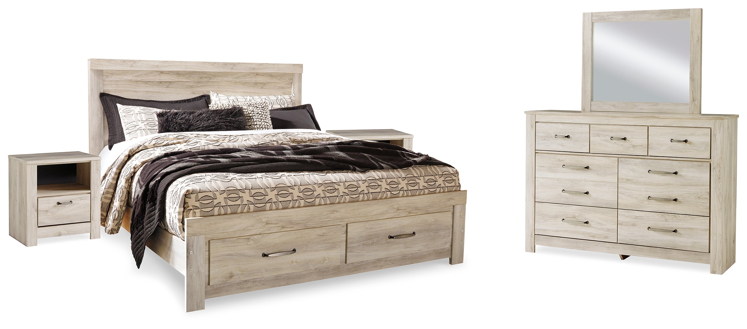 Hoover Furniture Outlet - Ashley Furniture - Bellaby King Panel Storage Bed, Dresser, Mirror and 2 Nightstands - King Panel Storage Bed, Dresser, Mirror and 2 Nightstands - B331B19