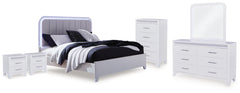 Jarlee Queen Upholstered Panel Bed, Dresser, Mirror, Chest and 2 Nightstands