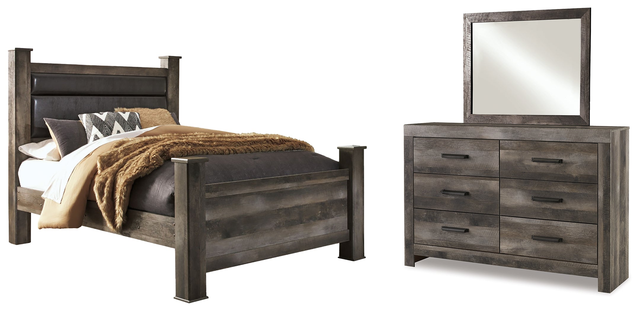 Hoover Furniture Outlet - Ashley Furniture - Wynnlow Queen Upholstered Poster Bed, Dresser and Mirror - Queen Upholstered Poster Bed, Dresser and Mirror - B440B12