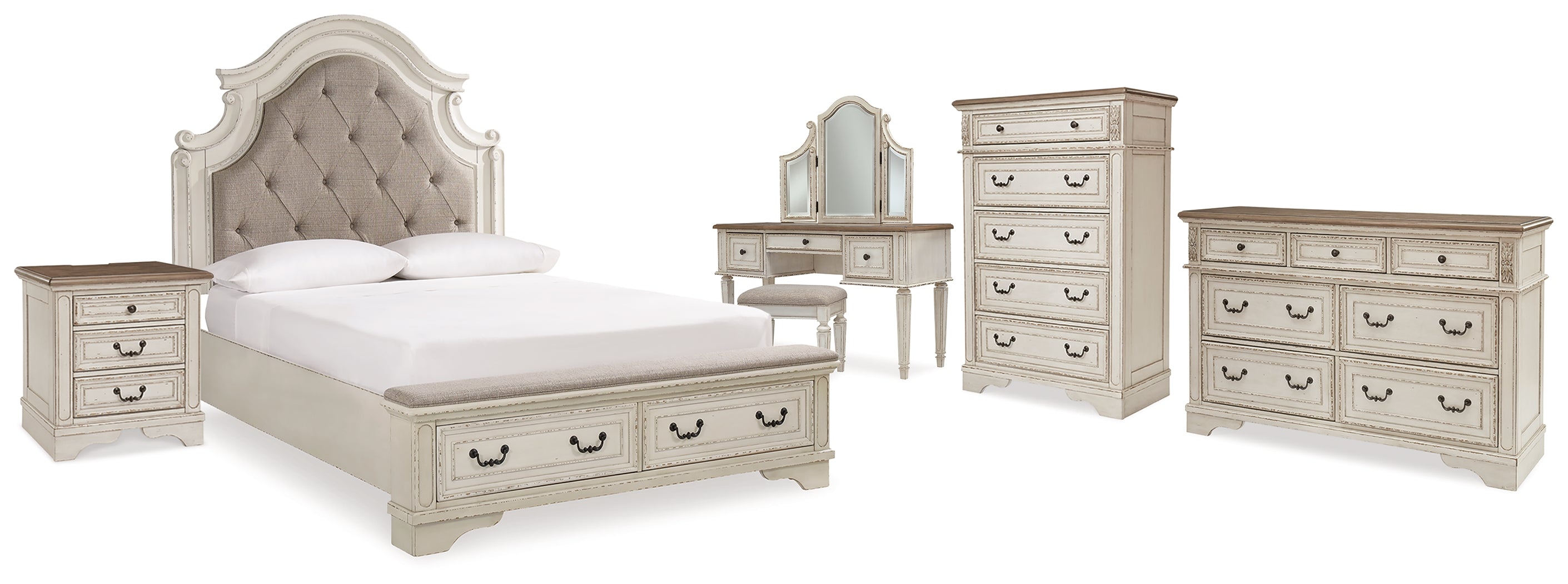 Hoover Furniture Outlet - Ashley Furniture - Realyn Queen Upholstery Panel Bed, Dresser, Chest, Nightstand, and Vanity Set - Queen Upholstery Panel Bed, Dresser, Chest, Nightstand, and Vanity Set - B743B35