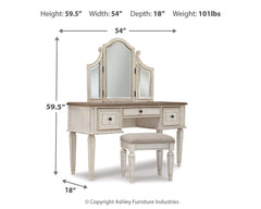 Realyn King Storage Bed, Dresser, Mirror, Chest, Vanity with Stool and 2 Nightstands
