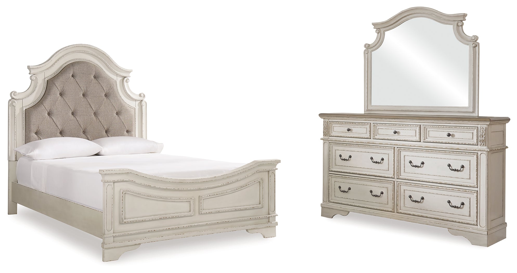 Hoover Furniture Outlet - Ashley Furniture - Realyn Queen Upholstered Panel Bed, Dresser and Mirror - Queen Upholstered Panel Bed, Dresser and Mirror / Two-tone - B743B3