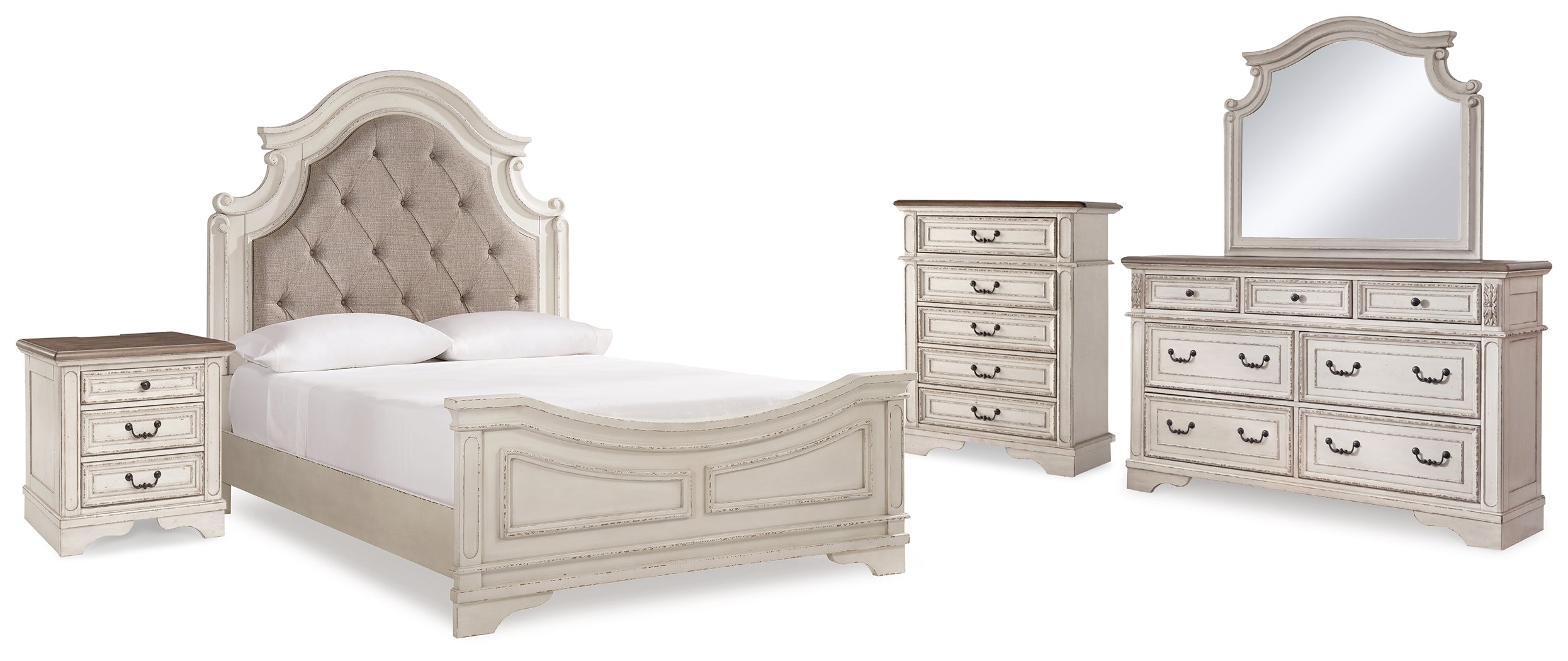 Hoover Furniture Outlet - Ashley Furniture - Realyn Queen Upholstered Panel Bed, Dresser, Mirror, Chest and Nightstand - Queen Upholstered Panel Bed, Dresser, Mirror, Chest and Nightstand - B743B47