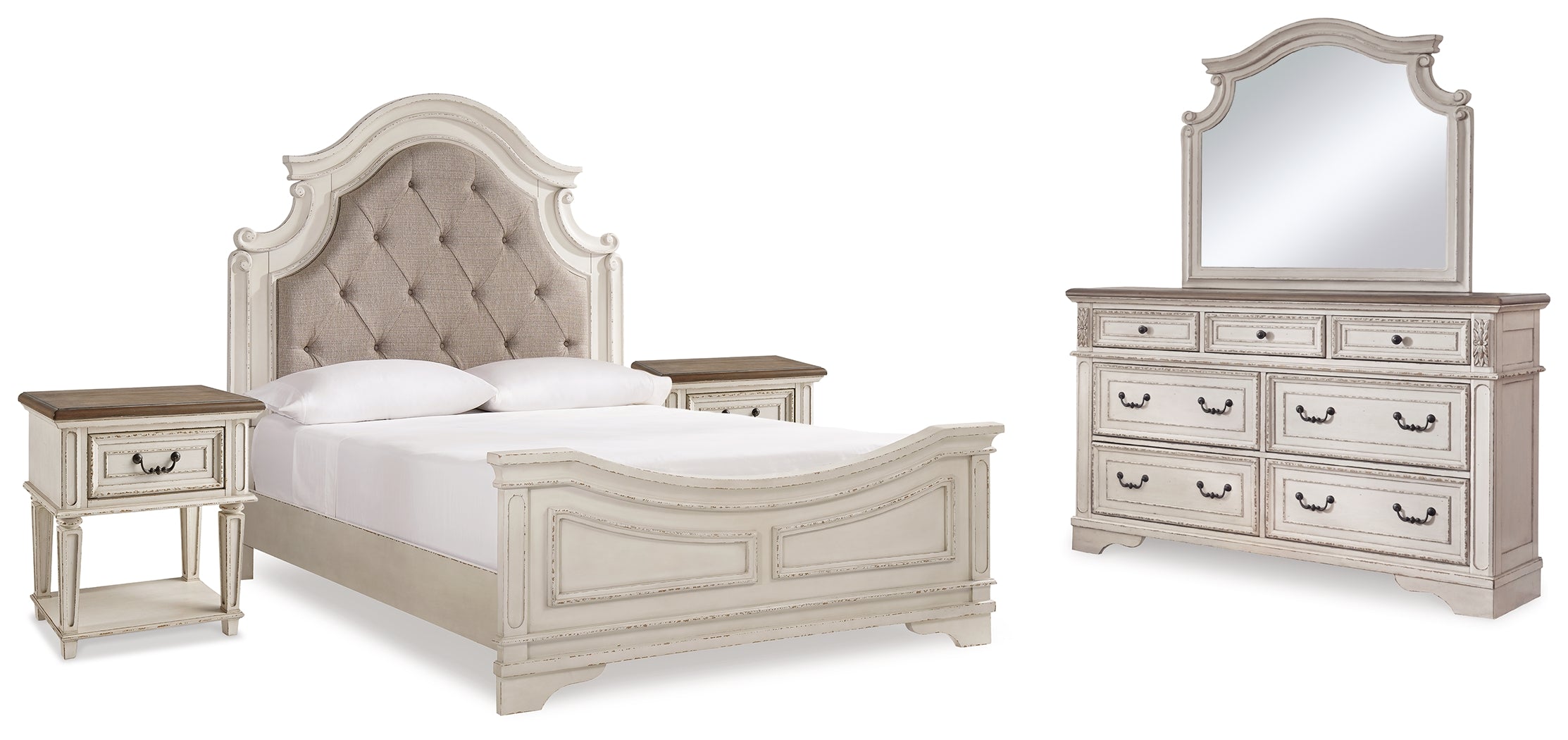 Hoover Furniture Outlet - Ashley Furniture - Realyn Queen Upholstered Panel Bed, Dresser, Mirror and 2 Nightstands - Queen Upholstered Panel Bed, Dresser, Mirror and 2 Nightstands - B743B49