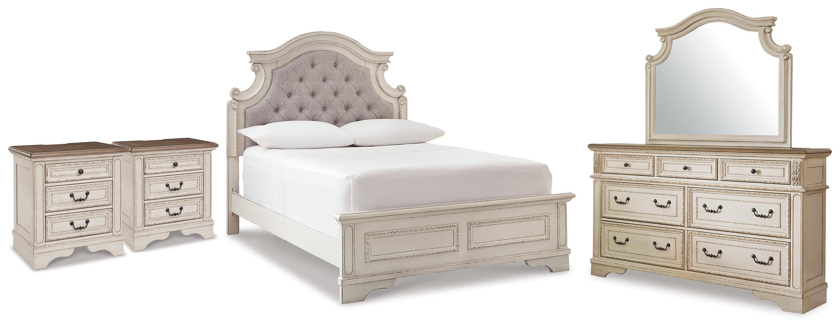 Hoover Furniture Outlet - Ashley Furniture - Realyn Full Upholstered Panel Bed, Dresser, Mirror and 2 Nightstands - Full Upholstered Panel Bed, Dresser, Mirror and 2 Nightstands - B743B105