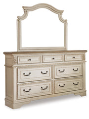 Hoover Furniture Outlet - Ashley Furniture - Realyn California King Upholstered Bed, Dresser, Mirror and Chest - California King Upholstered Bed, Dresser, Mirror and Chest / Chipped White - B743B25