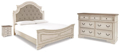 Realyn King Upholstered Panel Bed, Dresser and Nightstand