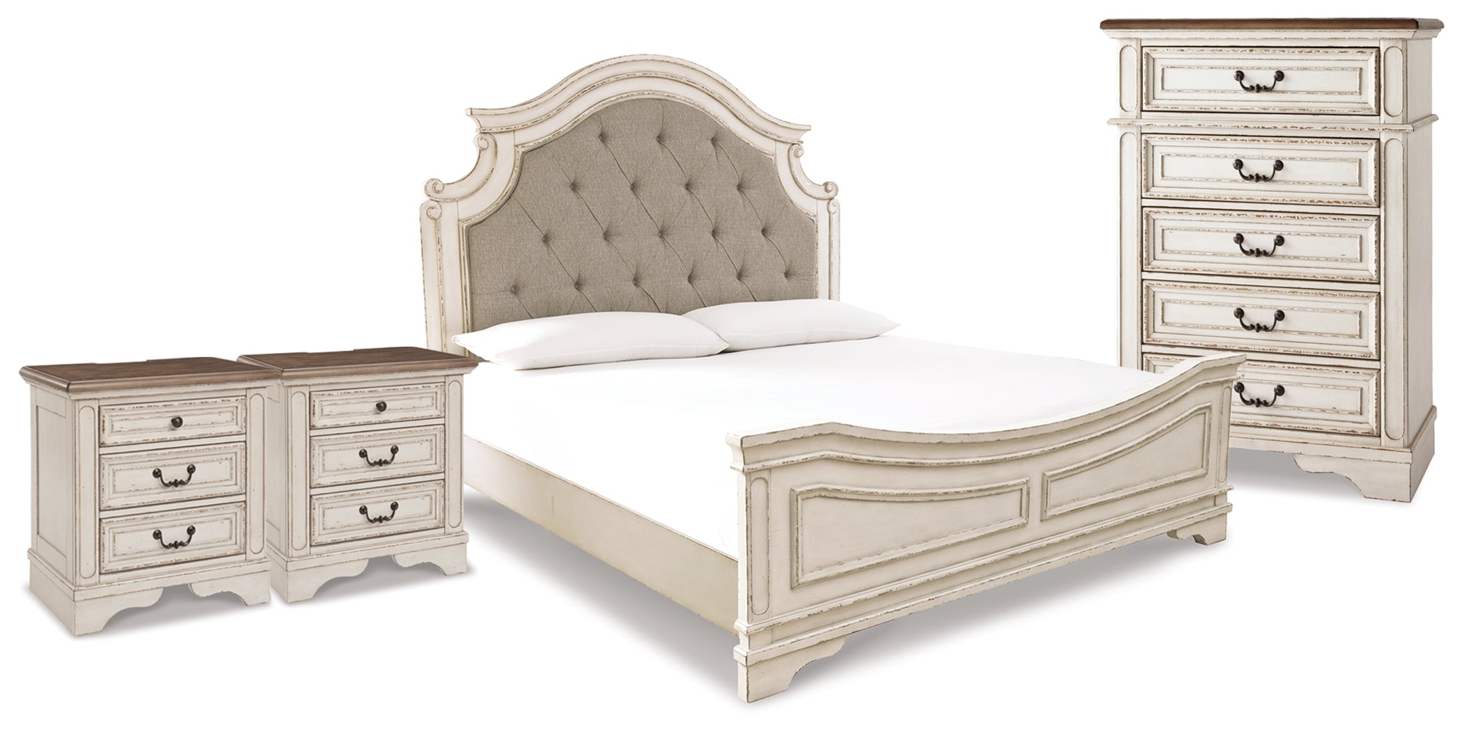 Hoover Furniture Outlet - Ashley Furniture - Realyn King Upholstered Panel Bed, Chest and 2 Nightstands - King Upholstered Panel Bed, Chest and 2 Nightstands - B743B91