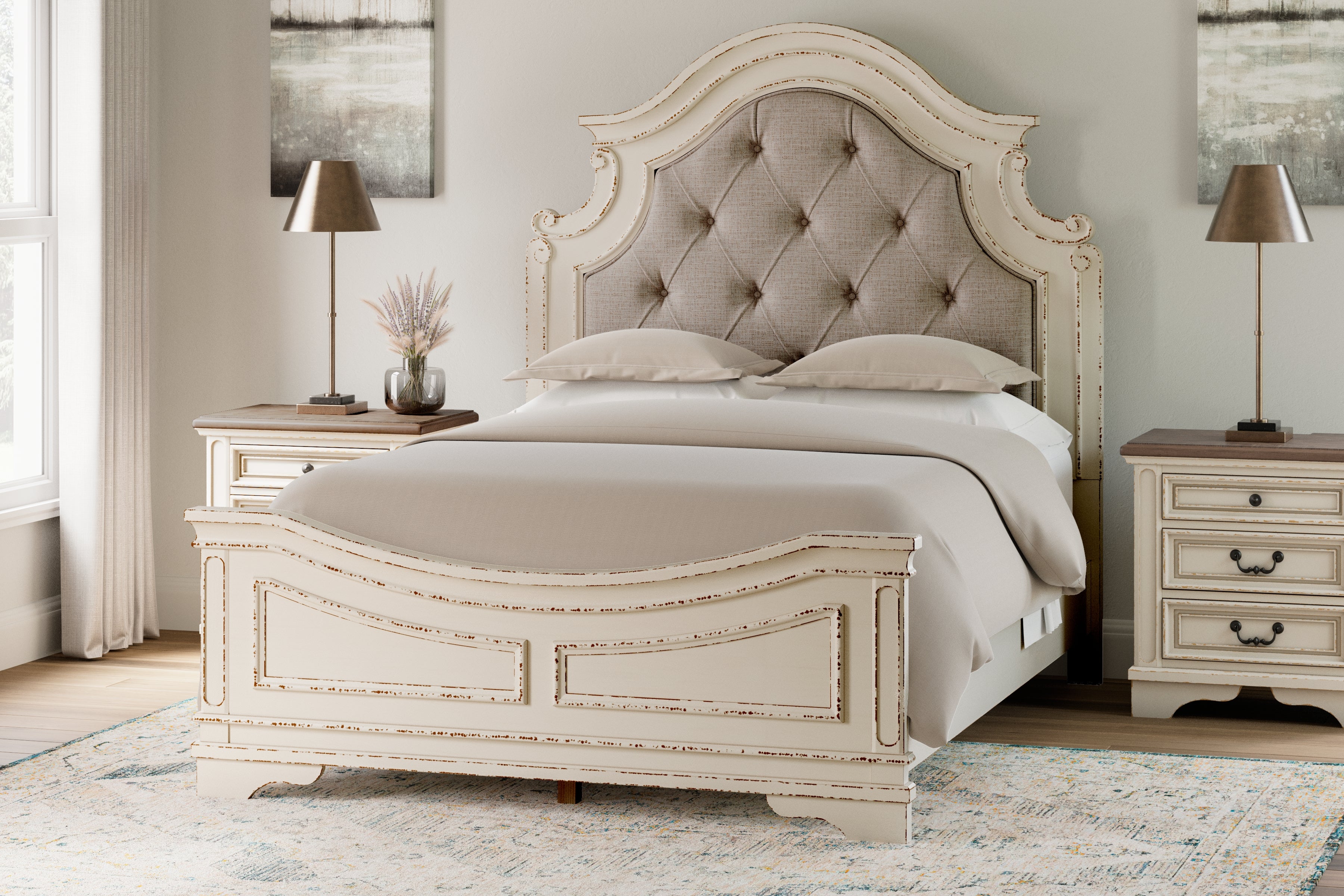 Hoover Furniture Outlet - Ashley Furniture - Realyn Queen Upholstered Panel Bed and 2 Nightstands - Queen Upholstered Panel Bed and 2 Nightstands - B743B55