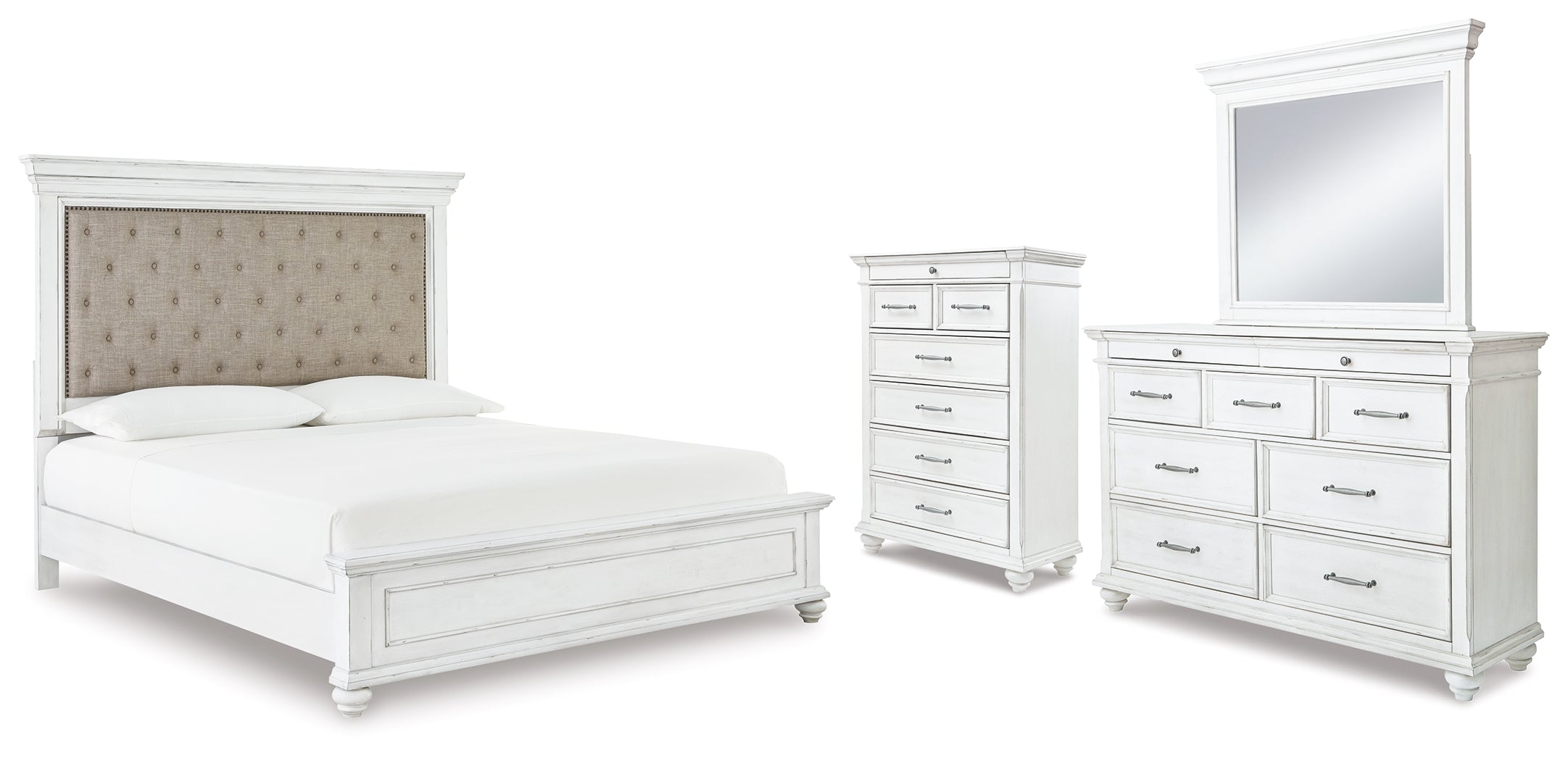 Hoover Furniture Outlet - Ashley Furniture - Kanwyn Cal King Upholstered Panel Bed, Dresser, Mirror and Chest - Cal King Upholstered Panel Bed, Dresser, Mirror and Chest - B777B23