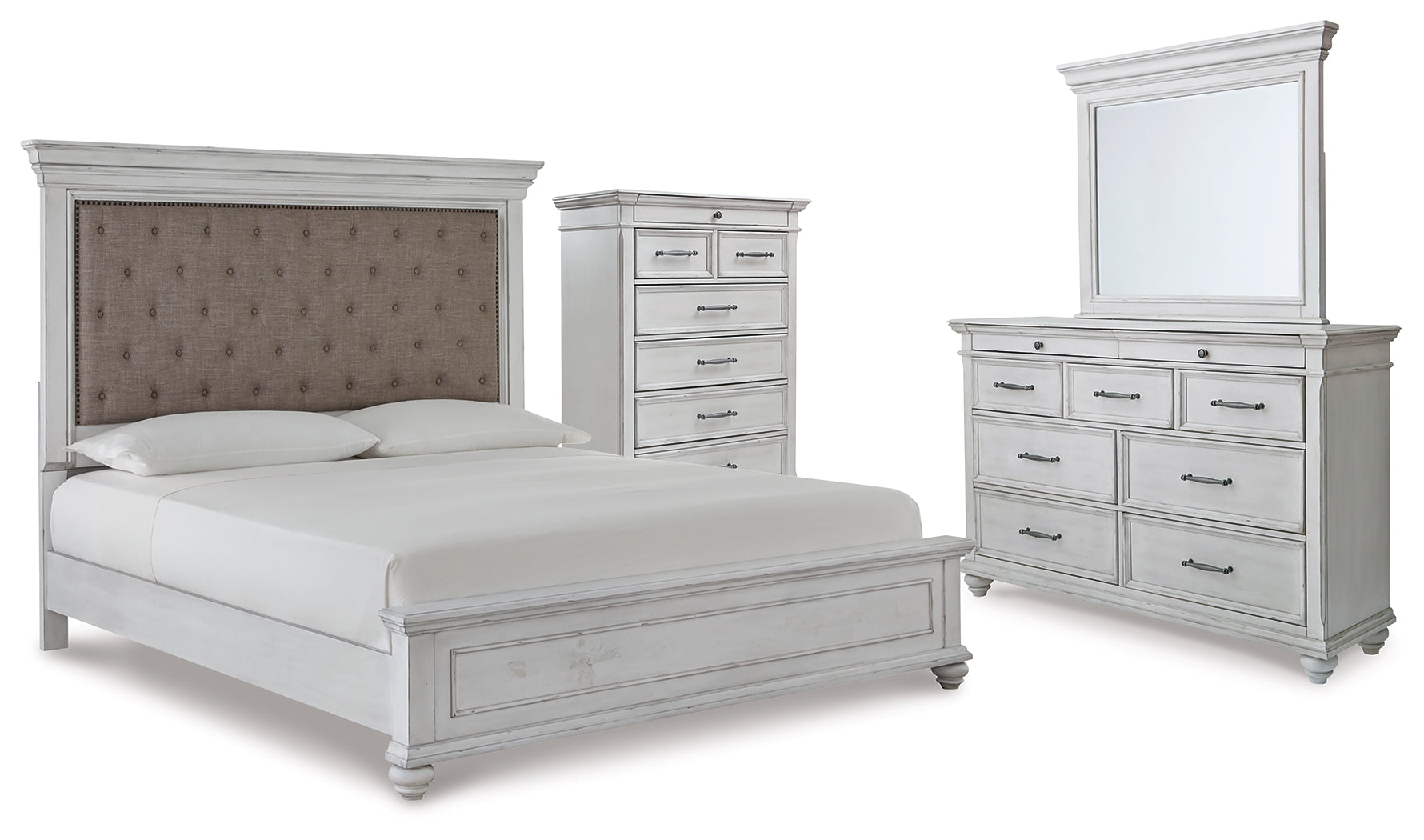 Hoover Furniture Outlet - Ashley Furniture - Kanwyn King Upholstered Panel Bed, Dresser, Mirror and Chest - King Upholstered Panel Bed, Dresser, Mirror and Chest - B777B18