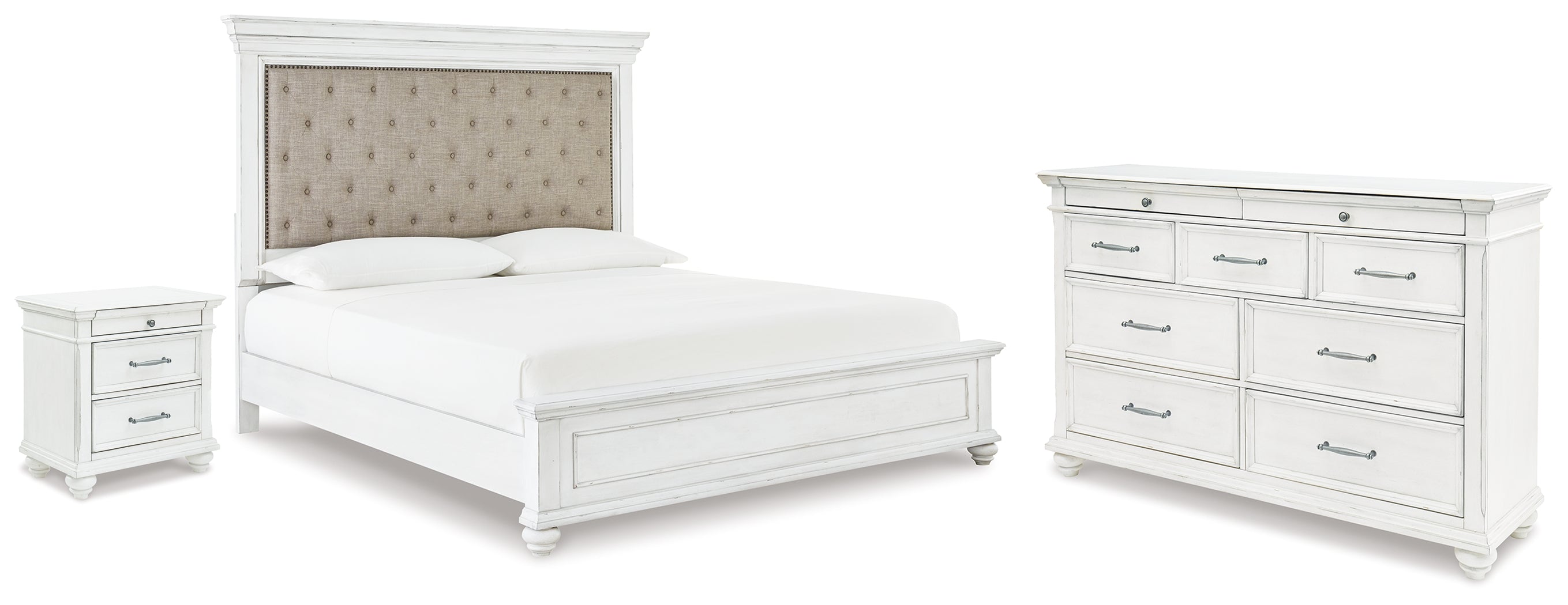 Hoover Furniture Outlet - Ashley Furniture - Kanwyn King Upholstered Panel Bed, Dresser and Nightstand - King Upholstered Panel Bed, Dresser and Nightstand - B777B35