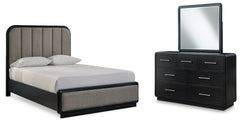 Hoover Furniture Outlet - Ashley Furniture - Rowanbeck Queen Upholstered Panel Bed, Dresser and Mirror - Queen Upholstered Panel Bed, Dresser and Mirror - B821B3