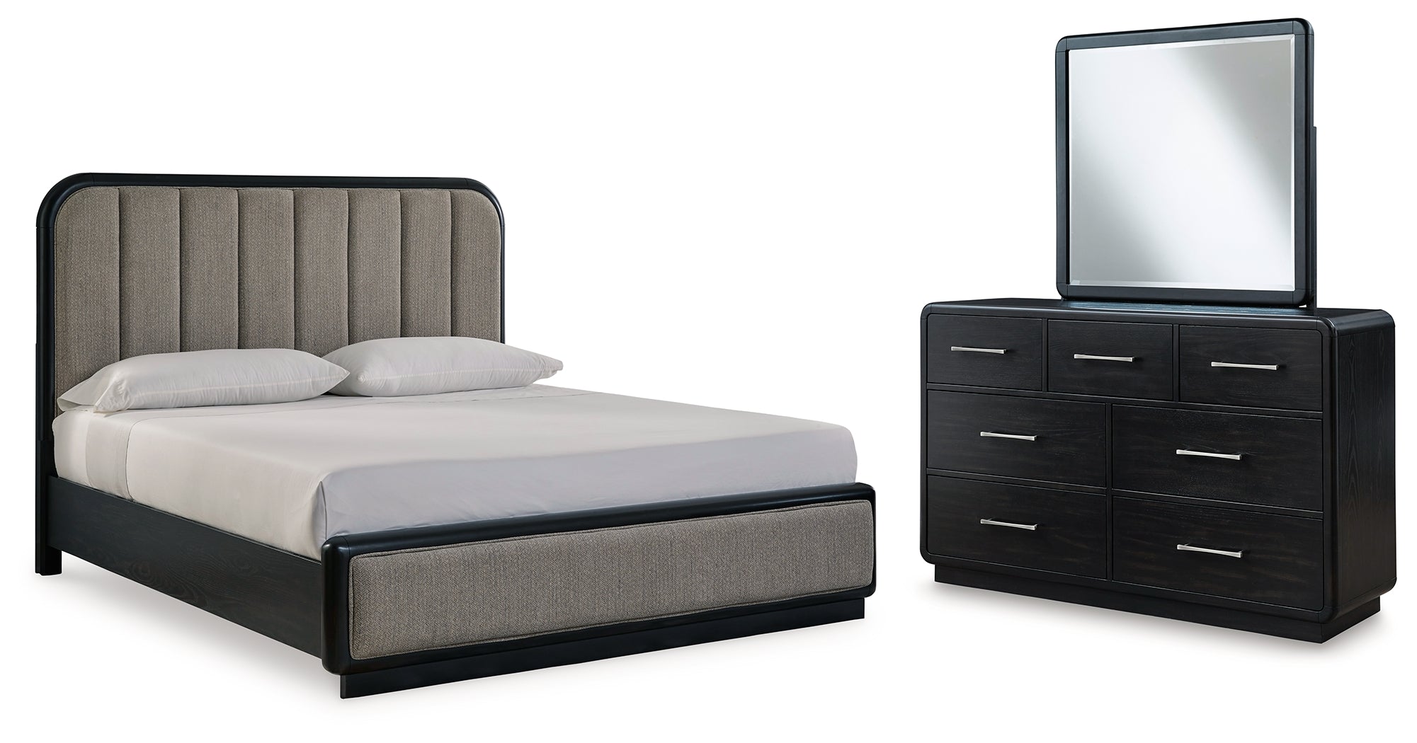 Hoover Furniture Outlet - Ashley Furniture - Rowanbeck King Upholstered Panel Bed, Dresser and Mirror - King Upholstered Panel Bed, Dresser and Mirror - B821B6