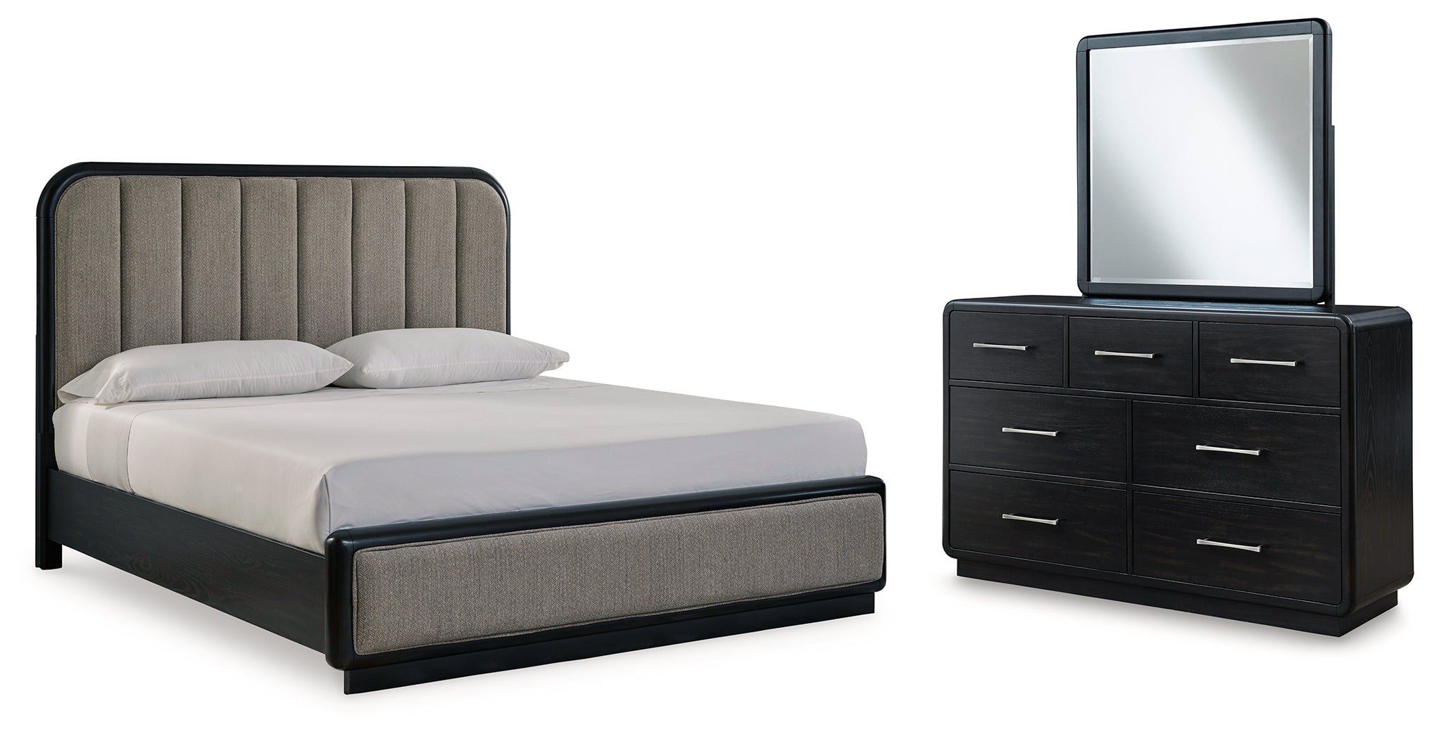 Hoover Furniture Outlet - Ashley Furniture - Rowanbeck California King Upholstered Panel Bed, Dresser and Mirror - California King Upholstered Panel Bed, Dresser and Mirror - B821B7