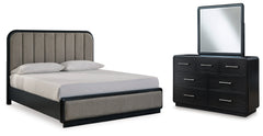 Rowanbeck California King Upholstered Panel Bed, Dresser and Mirror