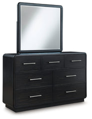 Rowanbeck Queen Upholstered Panel Bed, Dresser, Mirror and Nightstand