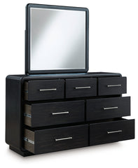 Rowanbeck Queen Upholstered Panel Bed, Dresser, Mirror and Nightstand